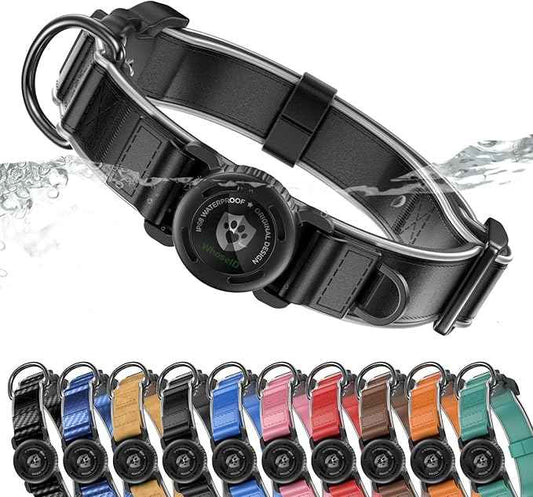 WhoseID Premium Leather Dog Collar for Large Dogs - IPX8 Waterproof AirTag Dog Collar | Magnetic Buckle Heavy Duty Collar | 450LB Escape-Proof | Reflective Dog Collar with AirTag Holder