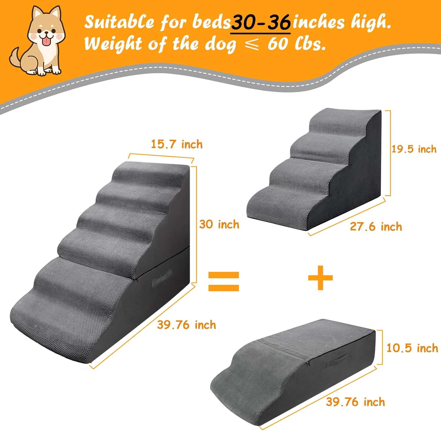 Dog Stairs&Steps for 30 Inches Tall High Bed, Pet Dog Ramp Ladder for Small Medium Dogs, Doggie, Old Cats, Kitty, Small Animals(Grey, Up to 30-36 Inch Tall Bed) - Pet Explorer