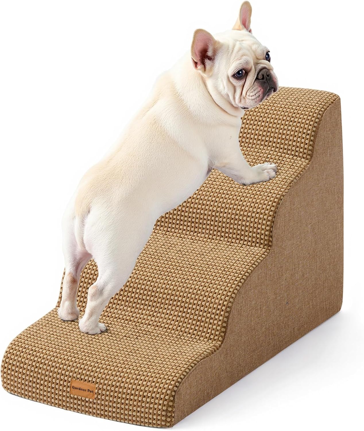 Gardner Pet Dog Stairs for Small Dogs 19.7" H, 4-Step Brown Curved Pet Stairs, Dog Steps for High Bed (18-24 in), Couch with Durable Non-Slip Waterproof Fabric Cover and CertiPUR-US Certified Foam - Pet Explorer