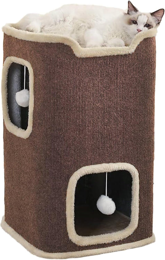 Cat House for Indoor Cats Beds, Multi-Level Cat Condo, Foldable Cave Bed Coffee, 2L - Pet Explorer