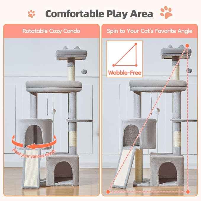 Taoqimiao Cat Tree for Indoor Cats, 55.1In Sturdy Cat Tower, Large Platform, Rotatable Round Condo with Large Scratch Board, Extended Cat House, Thickened Full-Sisal Scratching Post, Light Gray, F10W