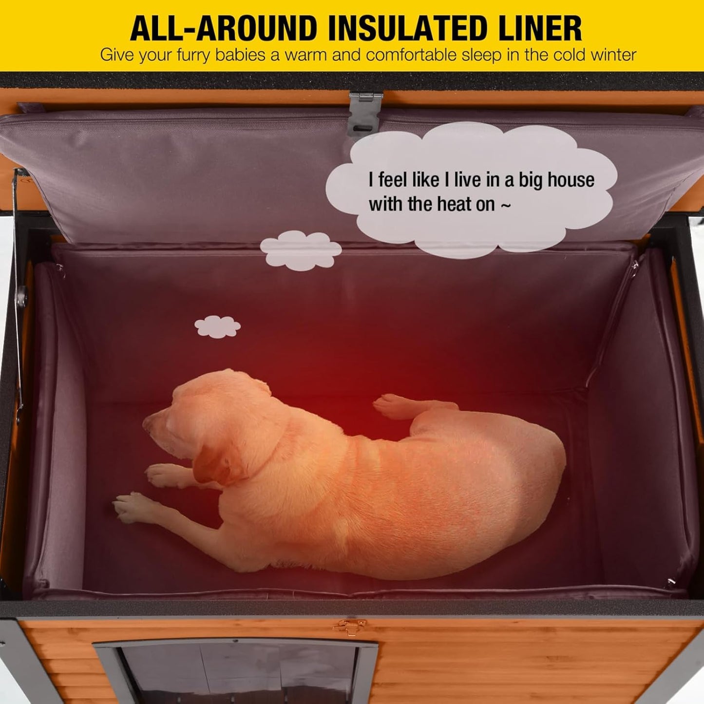 Insulated Outdoor Dog House with Liner for Winter Wooden Dog Kennel with All-Around Iron Frame,Waterproof - Pet Explorer
