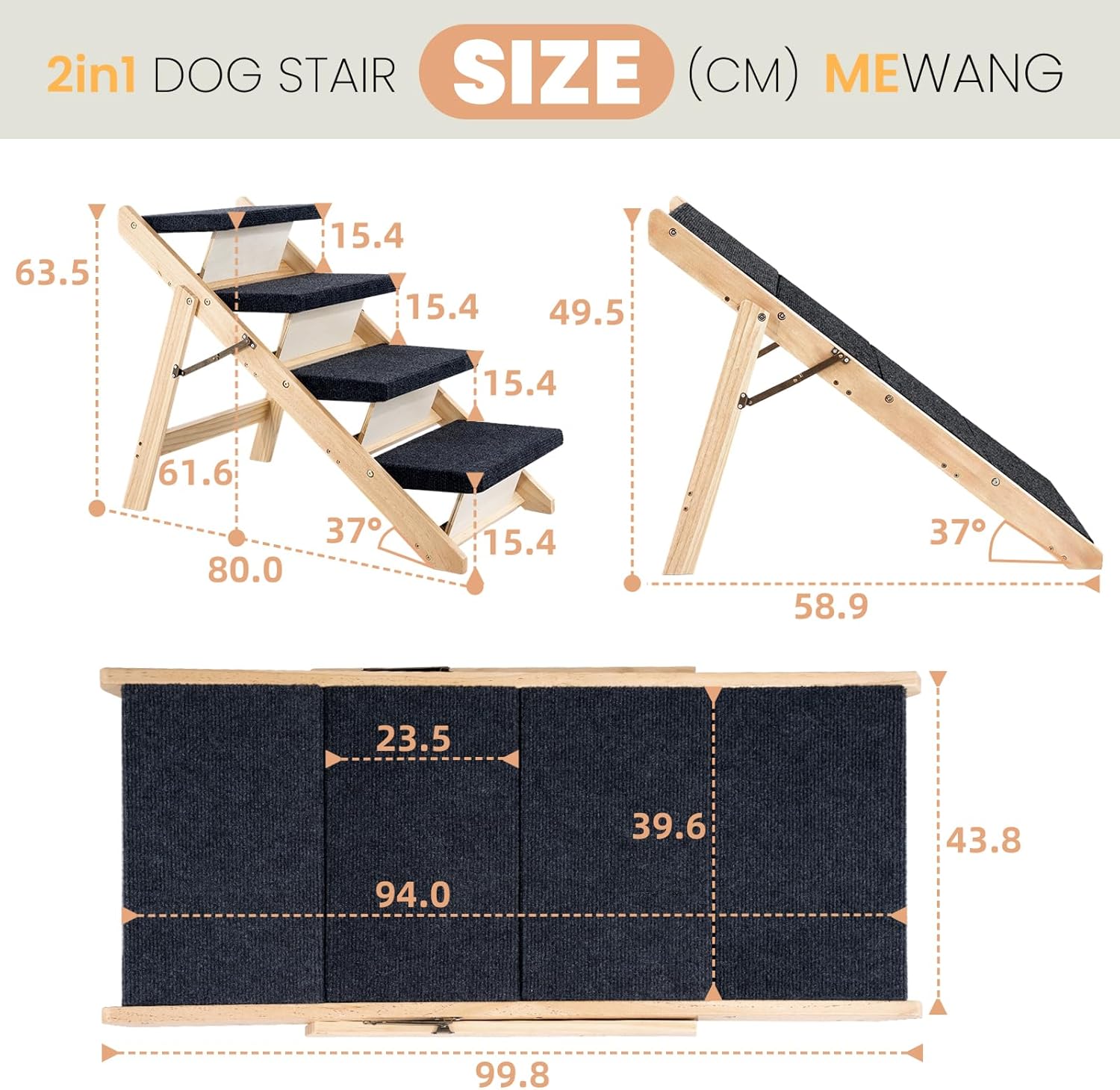 MEWANG Wood Pet Stairs & Ramp for Small/Medium Dogs and Cats, Aging Pets – 3-in-1 Foldable, Portable, Non-Slip Pet Ladder for Tall Beds, Couches,Cars–Holds Up to 220 lbs (31.5" L x 17.2" W x 25.0" H) - Pet Explorer