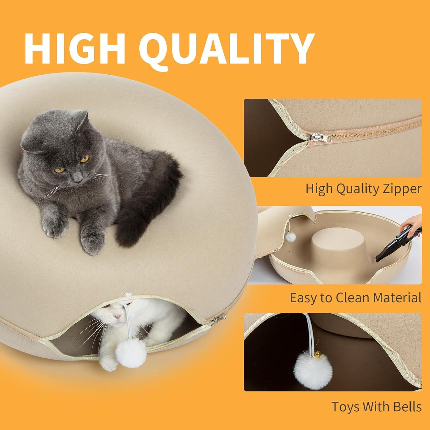 Jia Xi Cat Bed and Hideout, Large Indoor Cat Condo with Tunnel and Cave (24 inch, Beige) - Pet Explorer