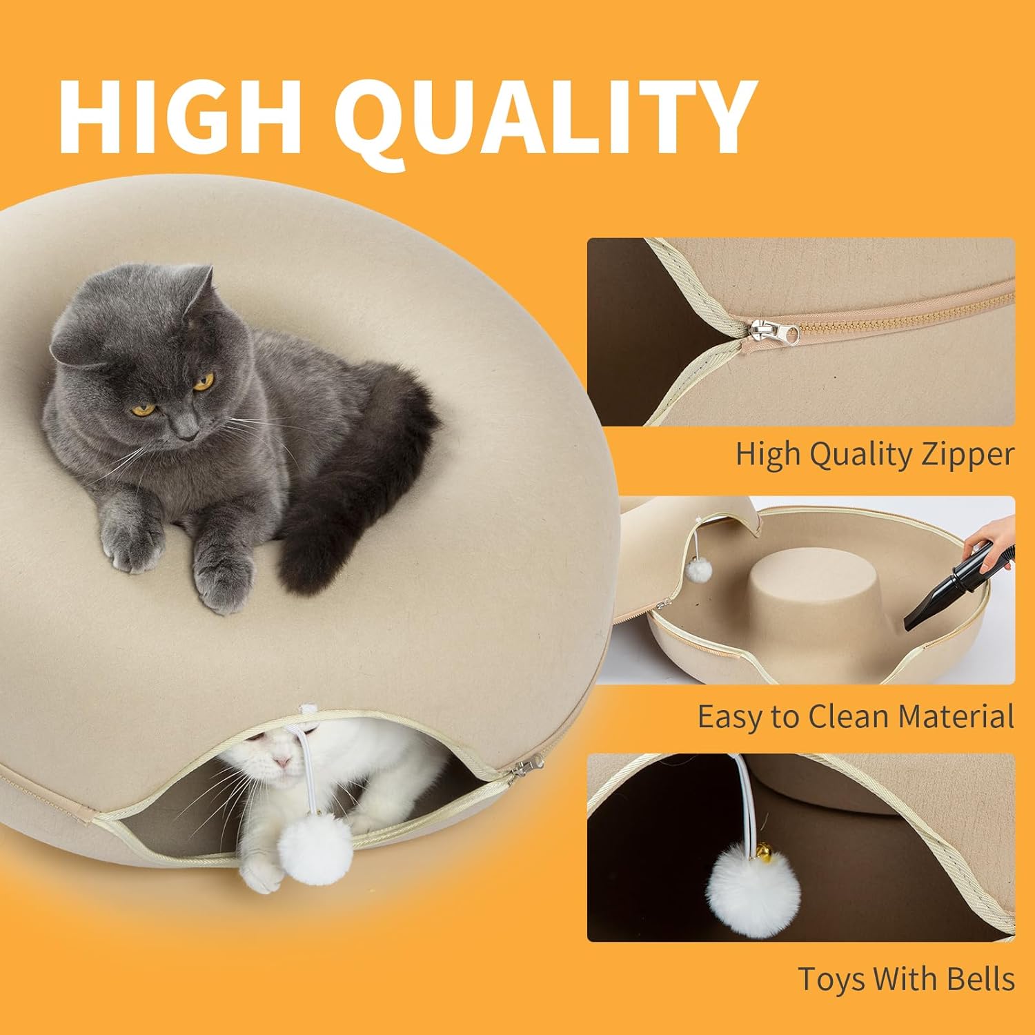 Jia Xi Cat Bed and Hideout, Large Indoor Cat Condo with Tunnel and Cave (24 inch, Beige) - Pet Explorer