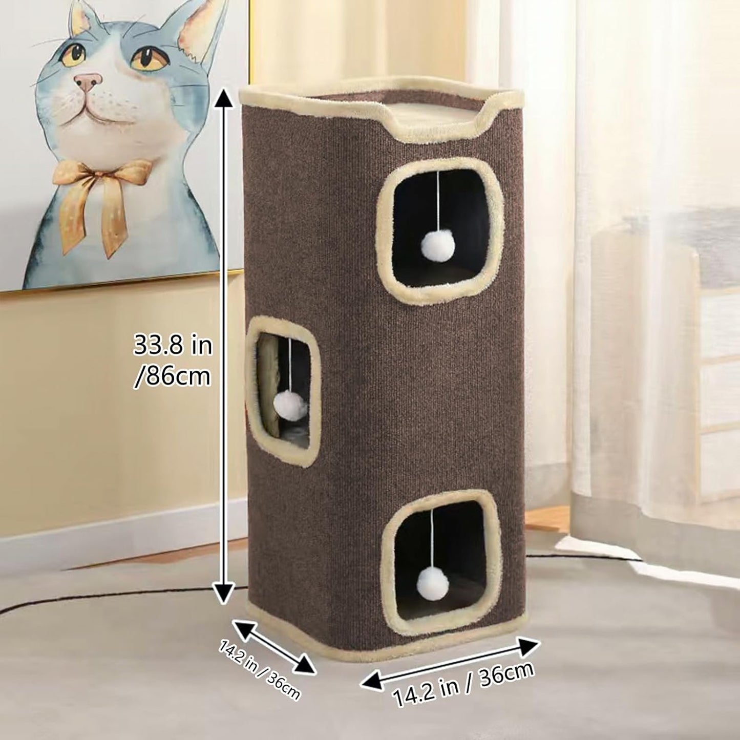 Empet Cat House for Indoor Cats Beds, Multi-Level Cat Condo, Foldable Cave Bed Brown, (3-Level) - Pet Explorer