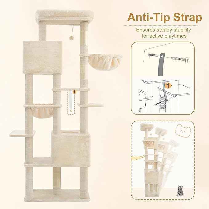 Heybly Cat Tree, 76-Inch Tall Heavy Duty Cat Tower for Big Cats with Extra Wide Baseboard, Multi-Level Large Cat Furniture with 2 Condos & 2 Hammocks, 10 Scratching Posts, Beige HCT039M