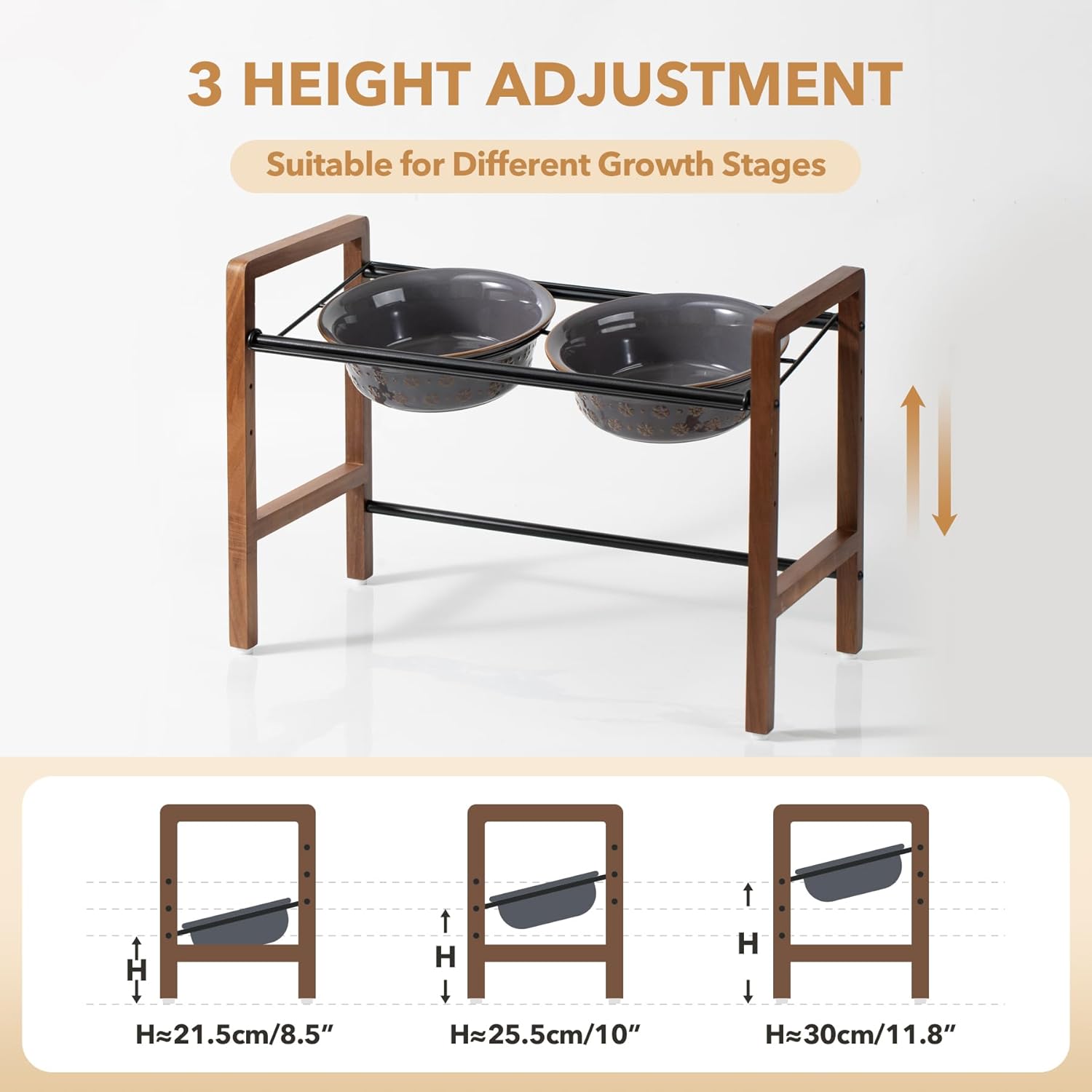8.7inch Ceramic Adjustable Raised Double Bowls Set with Stand, 3 Heights Elevated, 2 Placement Options,Food and Water Dishes for Large Dog(Double Bowls+Stand, Reactived Glaze -Grey) - Pet Explorer