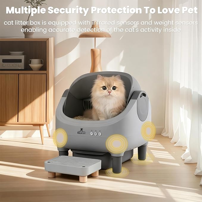 Automatic cat Litter Box with a high Step, Controlled via a Smart app, Featuring Health Data Monitoring and Silent Mode Management, Combining an Open Spacious Design with Fully Automatic Cleaning.