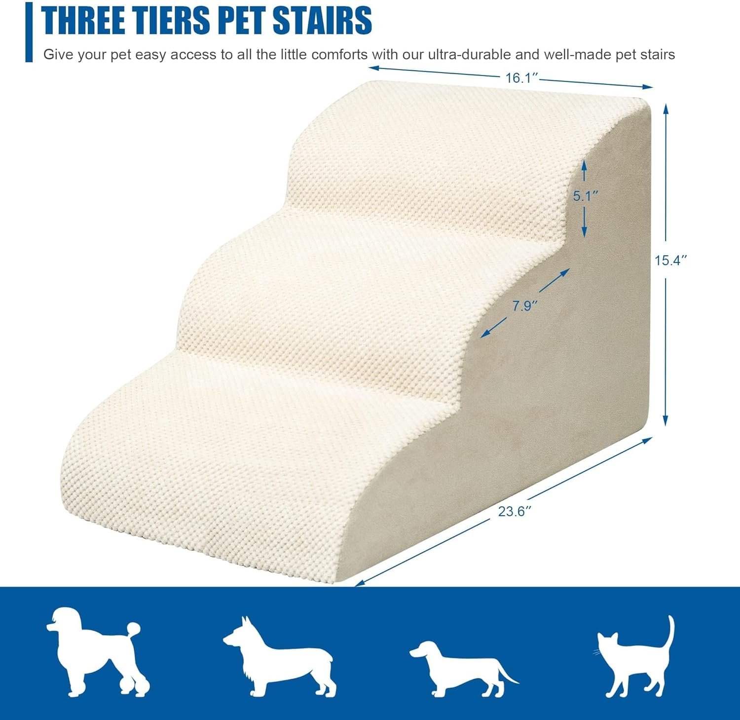 Dog Stairs for Small Dogs - High Density Foam Pet Steps, Extra Wide Dog Ramp with Non-Slip Bottom for High Beds, Couch and Sofa, Best for Dogs Injured, Older Doggy Cats - Pet Explorer