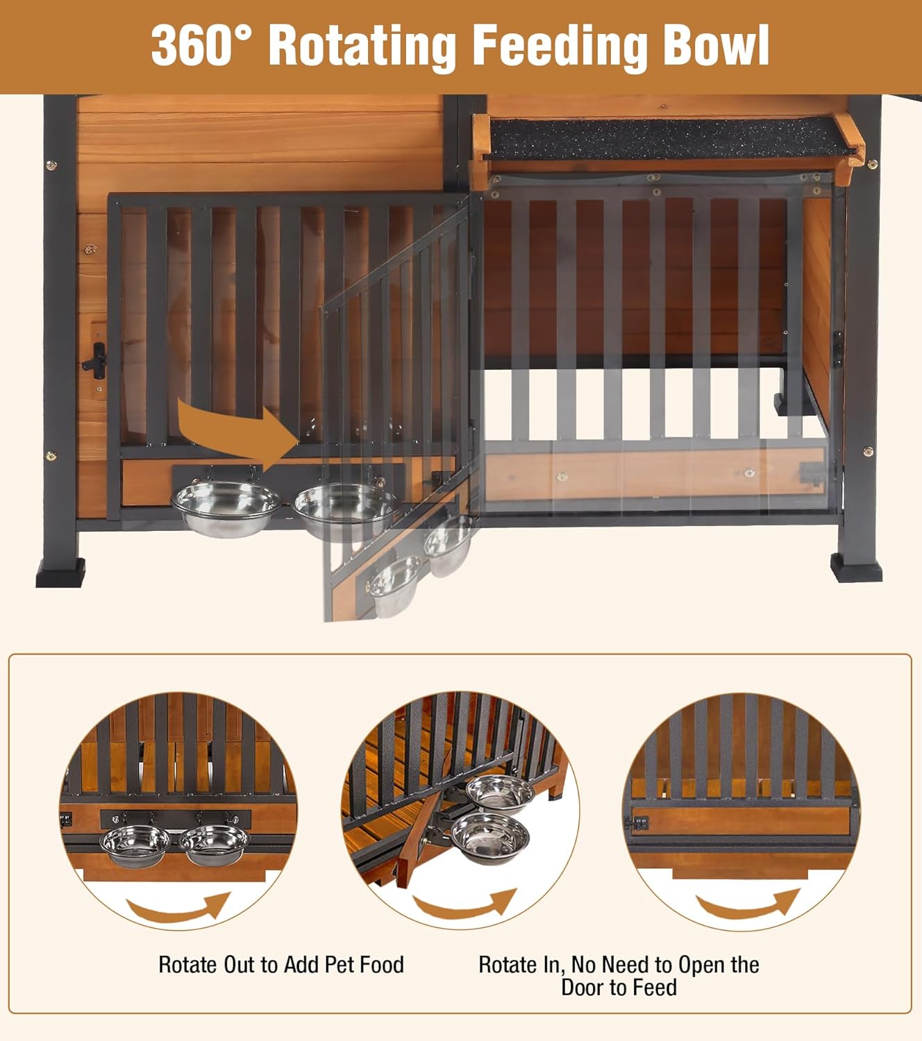 GUTINNEEN Dog House Outdoor with Anti-Chewing Metal Frame, Wooden Dog Kennel with 360° Rotating Feeding Bowl, Weatherproof Roof, for Indoor & Outdoor Use - Natural Wood Color - Pet Explorer