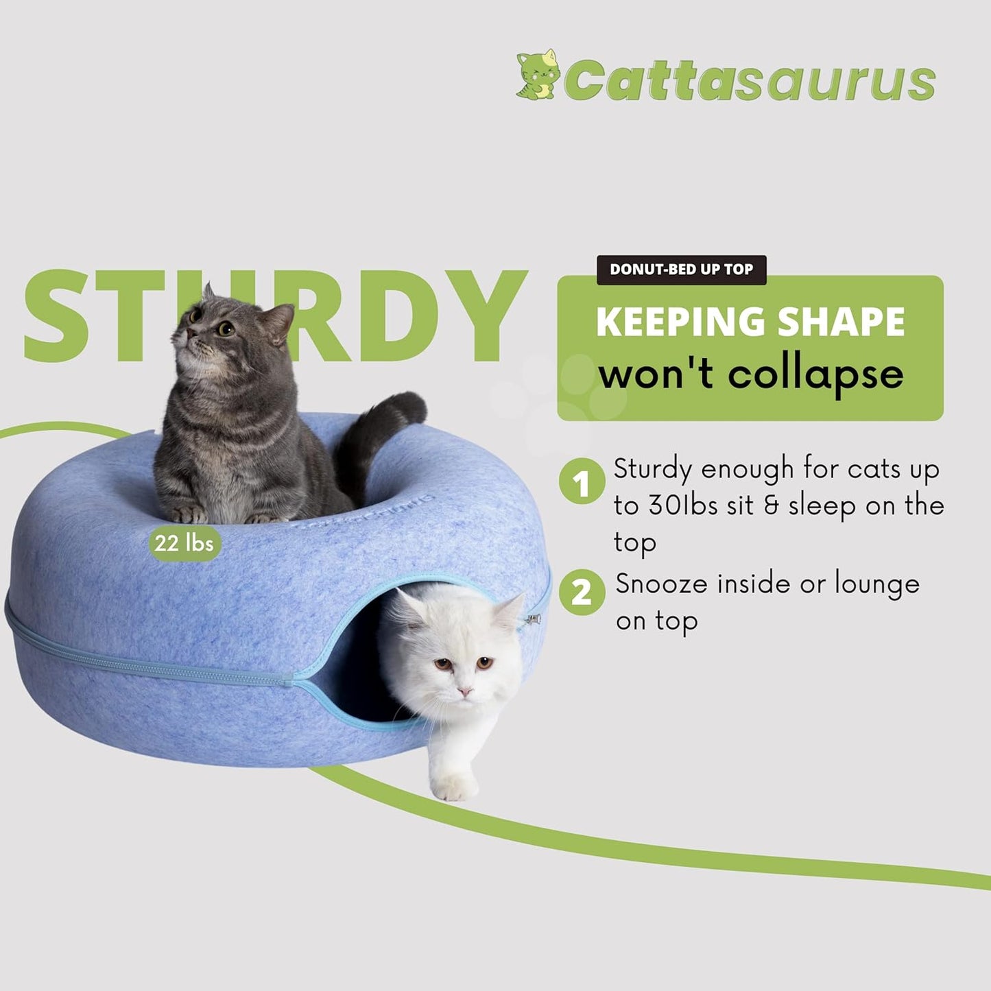 CATTASAURUS Peekaboo Cat Cave for Multiple & Large Cats Up to 30-45 Lbs, Scratch Detachable & Washable Tunnel Bed, Comfy Donut Cat Cave (Blue, Large) - Pet Explorer