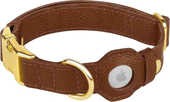 Leather Airtag Dog Collar - Soft Tracking Dog Collar with Apple AirTag Holder and Metal Buckle - Safety GPS Pet Collars for Small Medium Large Dogs Puppy Pink Red (Brown, XL, 20"-25" Neck Fit)