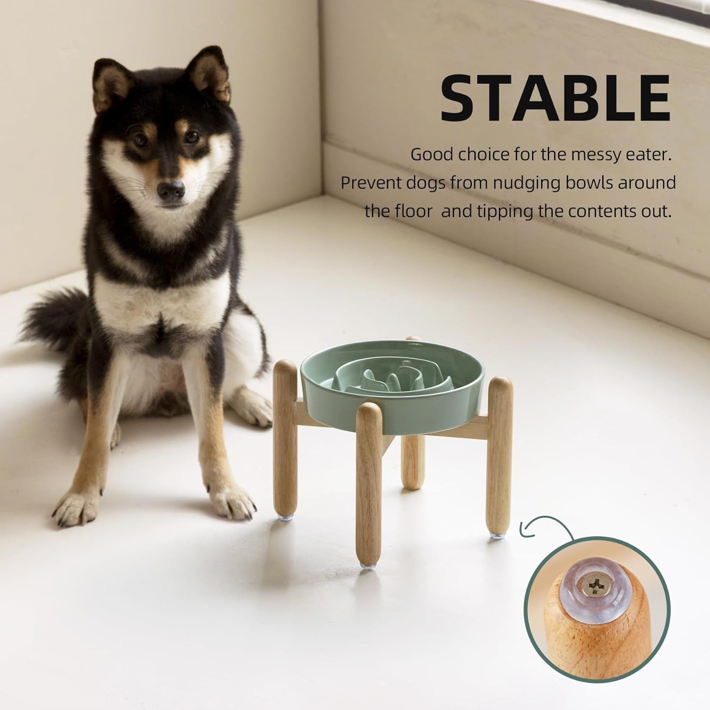 7.3inch Ceramic Raised Slow Feeder Dog Bowl Set, Elevated Wooden Stand for Medium and Small Dog, Puzzle Slow Dish, Preventing Choking(Light Green, Single Bowl+ Stand) - Pet Explorer
