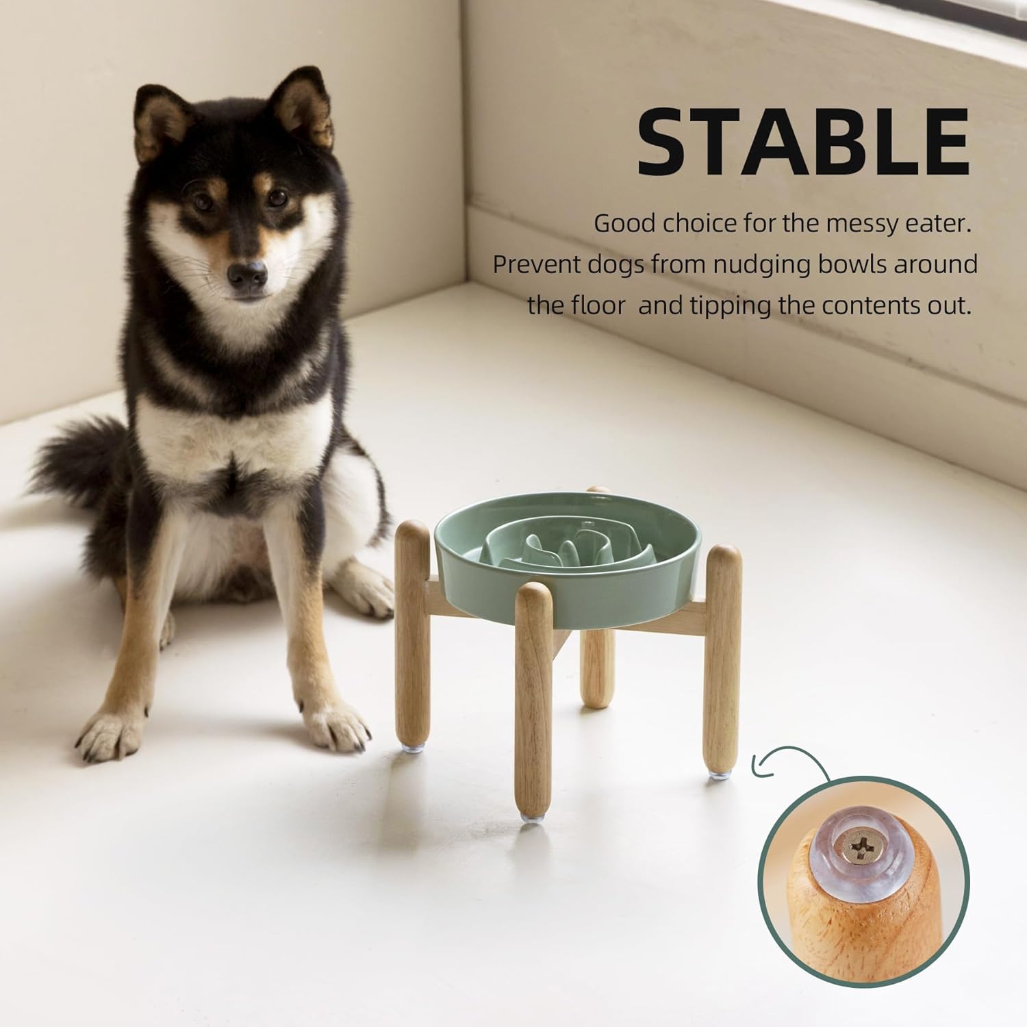 7.3inch Ceramic Raised Slow Feeder Dog Bowl Set, Elevated Wooden Stand for Medium and Small Dog, Puzzle Slow Dish, Preventing Choking(Light Green, Single Bowl+ Stand) - Pet Explorer