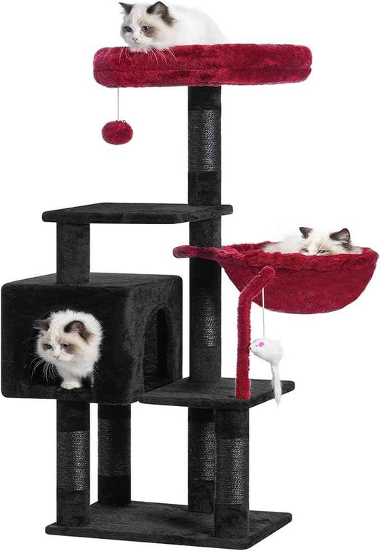 Heybly Cat Tree with Toy, Cat Tower Condo for Indoor Cats, Cat House with Padded Plush Perch, Cozy Hammock and Sisal Scratching Posts, Black and Red HCT004SBR