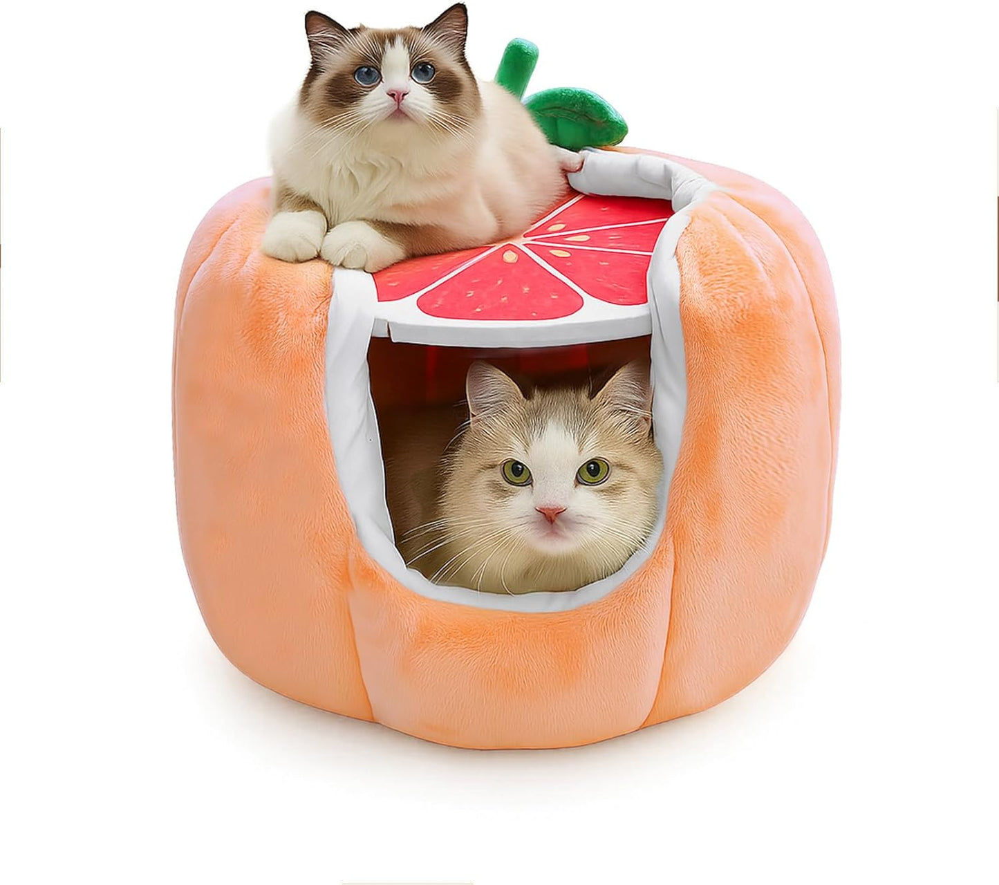 Cat Houses for Indoor Cats, Small Cat Tree with Sisal Ropes and Plush Perch, Cute Cat Bed Cave with Soft Pillow, Grapefruit Design - Pet Explorer