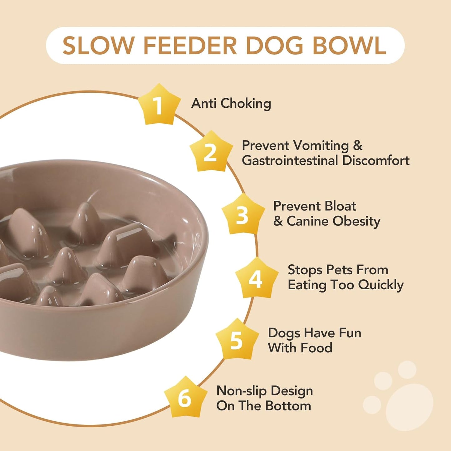 Ceramic Raised Slow Feeder Dog Bowl Set, Elevated 6.1inch Bowl and 7.3inch Slow Pet Food Dish with Wooden Stand for Small and Medium Dog (2 x Brown Coffee+ Stand) - Pet Explorer