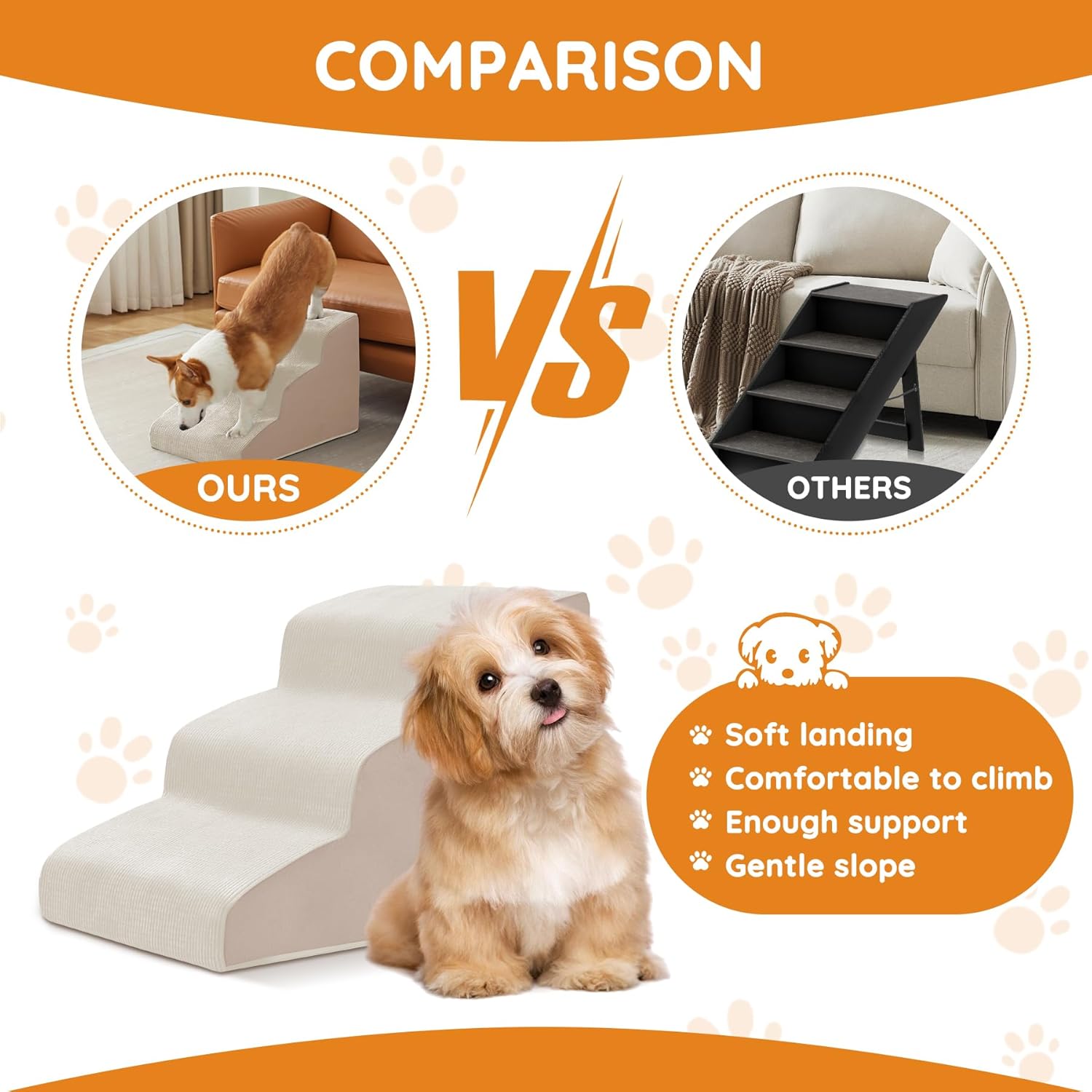 Pet Stairs, Dog Stairs for Small Dogs, Dogs Steps, 5-Step Curved Dog Ramp for Bed, Couch, Sofa, Car and Chairs, Non-Slip Bottom Design, Cat Scratching Board, High Density Foam Portable Pet Step, Beige - Pet Explorer
