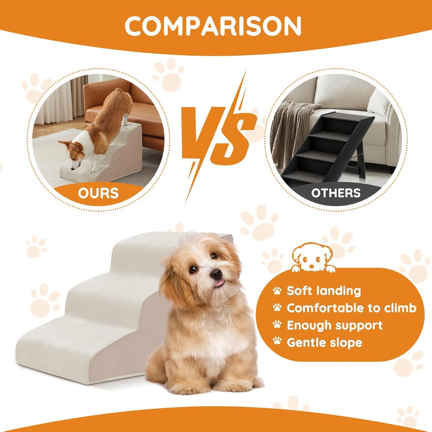 Pet Stairs for Small Dogs - 3-Step Curved Dog Ramp for Bed, Couch, Sofa, Car and Chairs - Non-Slip Bottom Design - Cat Scratching Board - High Density Foam Portable Pet Step - Beige - Pet Explorer