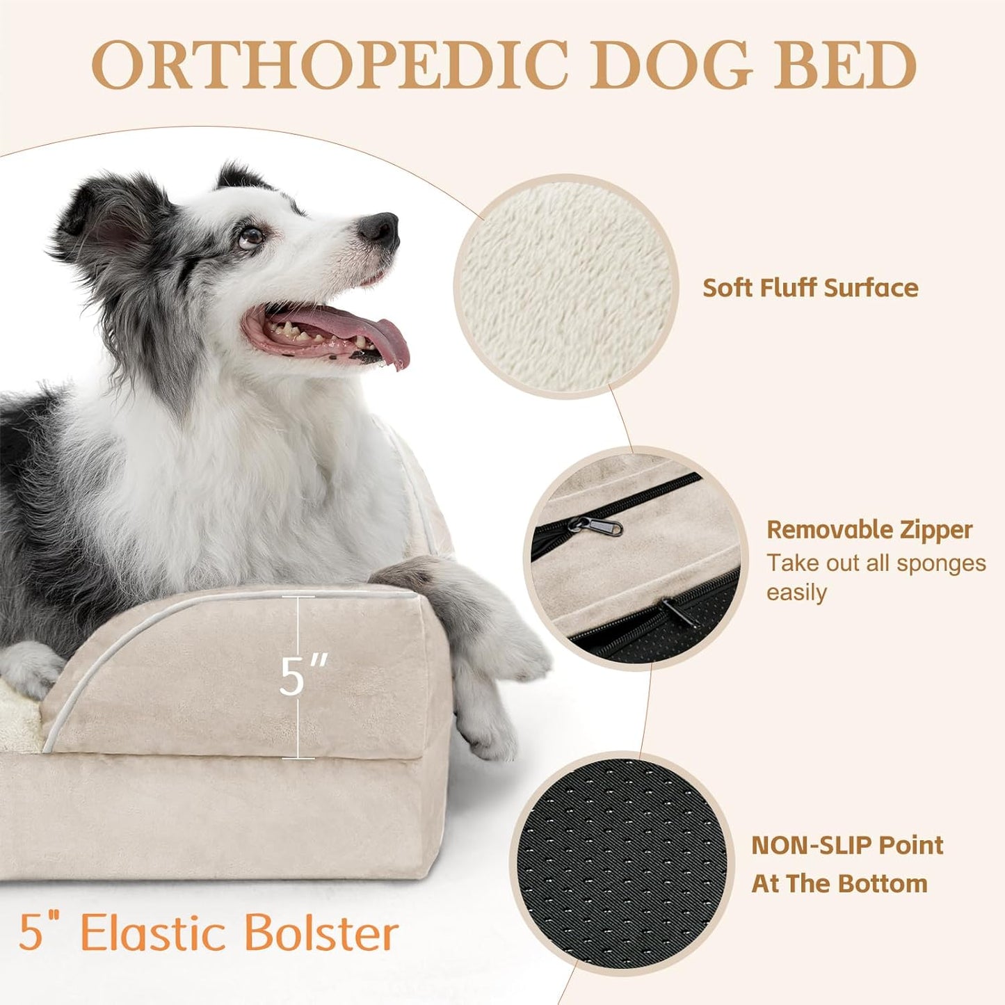 Comfort Expression XL Dog Beds for Extra Large Dogs, Waterproof Orthopedic Dog Bed with Bolster, Washable Pet Sofa Couch with Removable Cover & Non-Slip Bottom(X-Large,Beige) - Pet Explorer