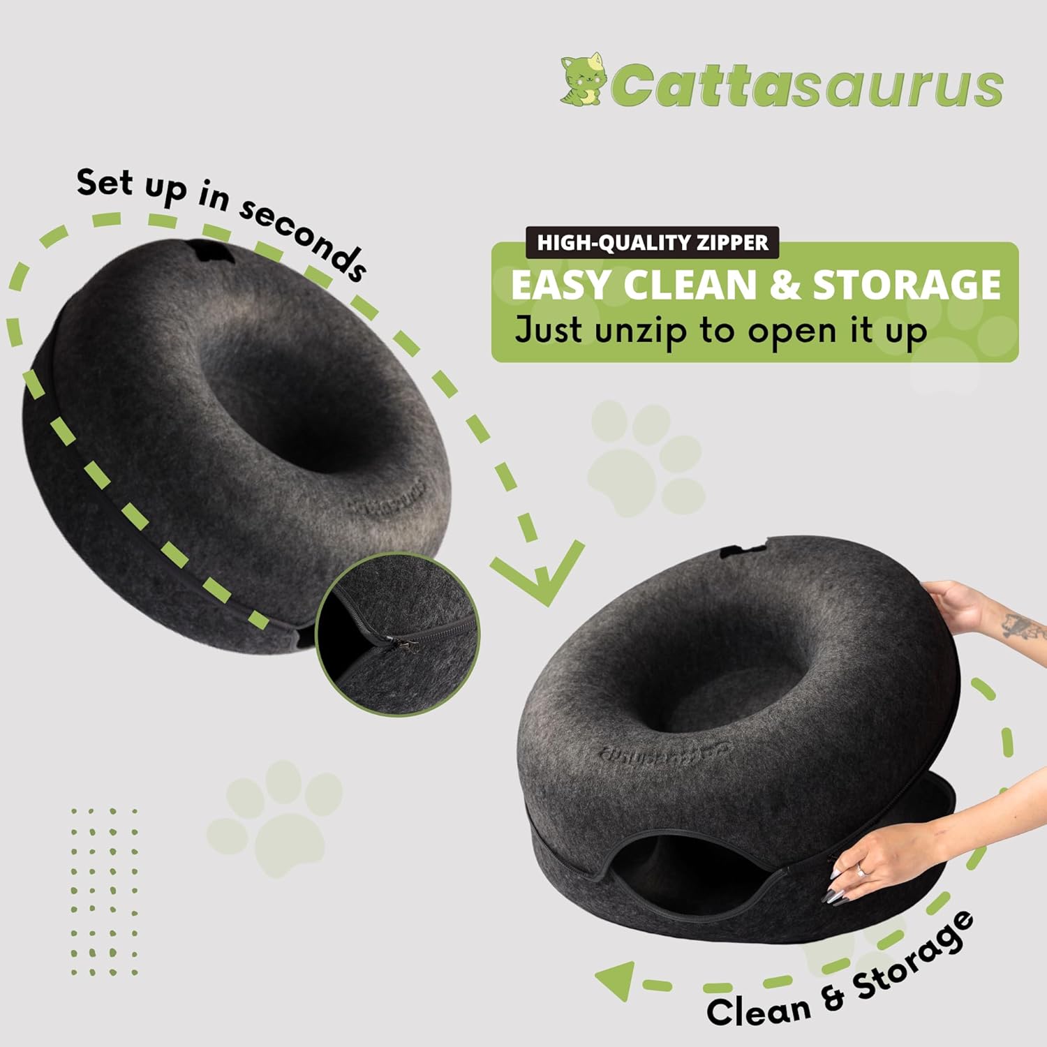 Cattasaurus Peekaboo Cat Cave, Extra Spacious for Multiple & Large Cats 12+ lbs, Scratch Detachable Beds for Indoor Cats, Washable Tunnel Bed, Comfy Cat Donut Tunnel (Dark Gray+Dark Gray, Jumbo) - Pet Explorer