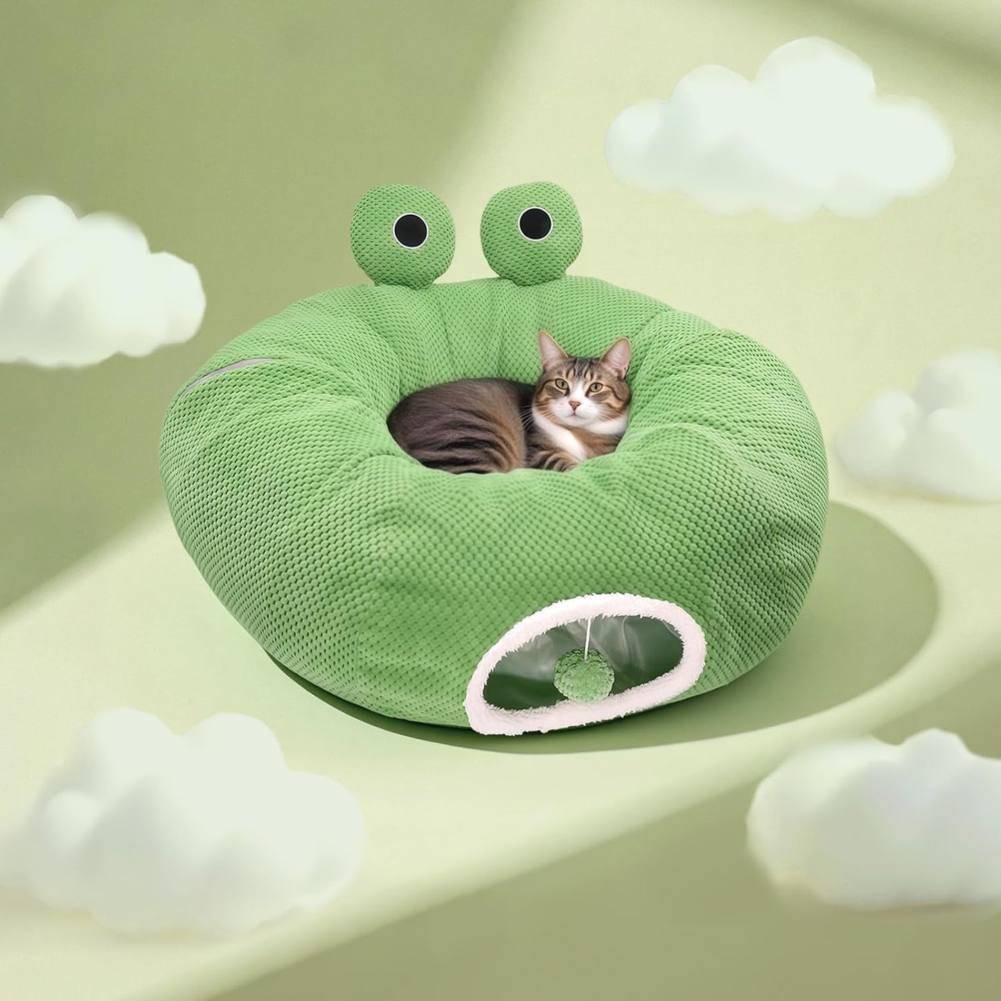 Cat Tunnel Bed for Indoor Cats, Peekaboo Cat Cave Bed,Soft Cat Donut Tunnel for Kitten Large Cats, Cute Frog Shaped - Pet Explorer
