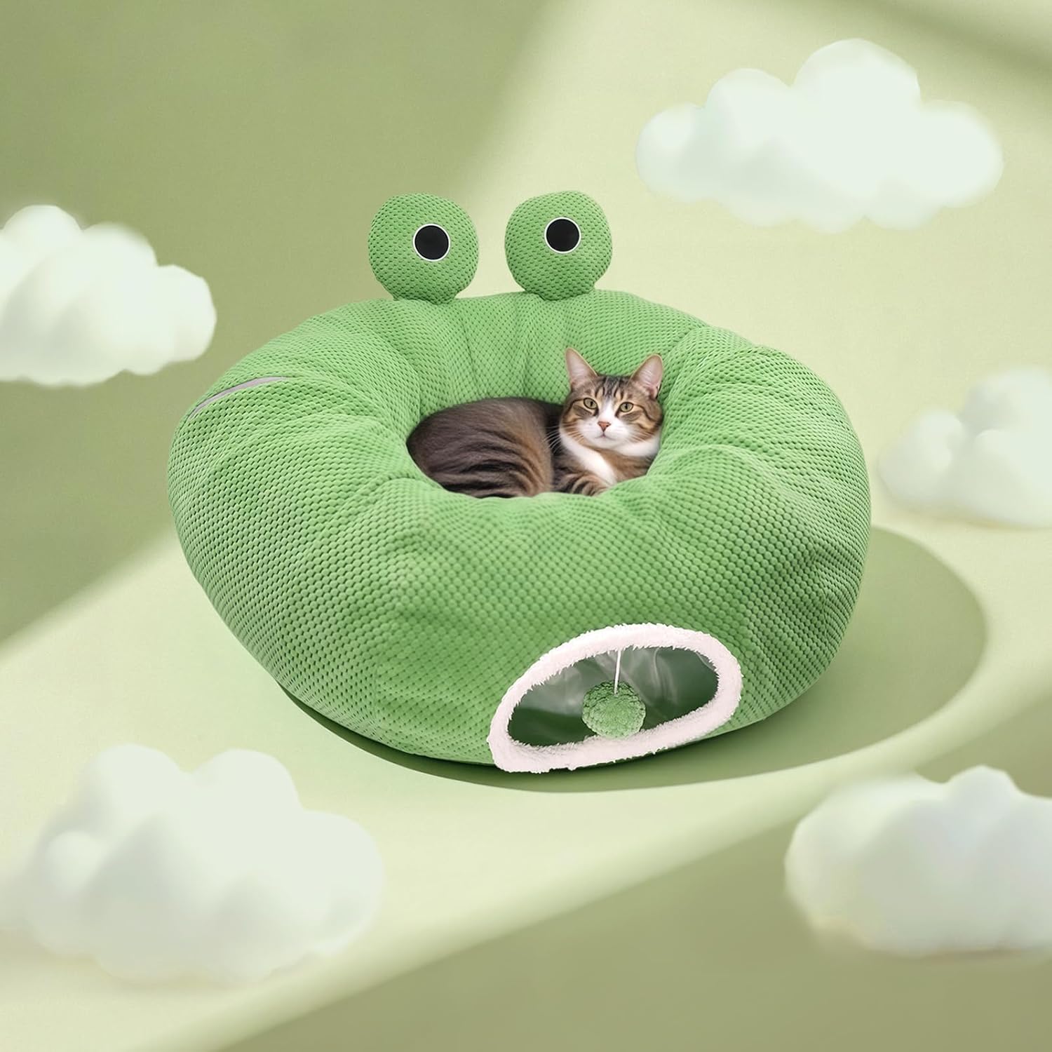 Cat Tunnel Bed for Indoor Cats, Peekaboo Cat Cave Bed,Soft Cat Donut Tunnel for Kitten Large Cats, Cute Frog Shaped - Pet Explorer