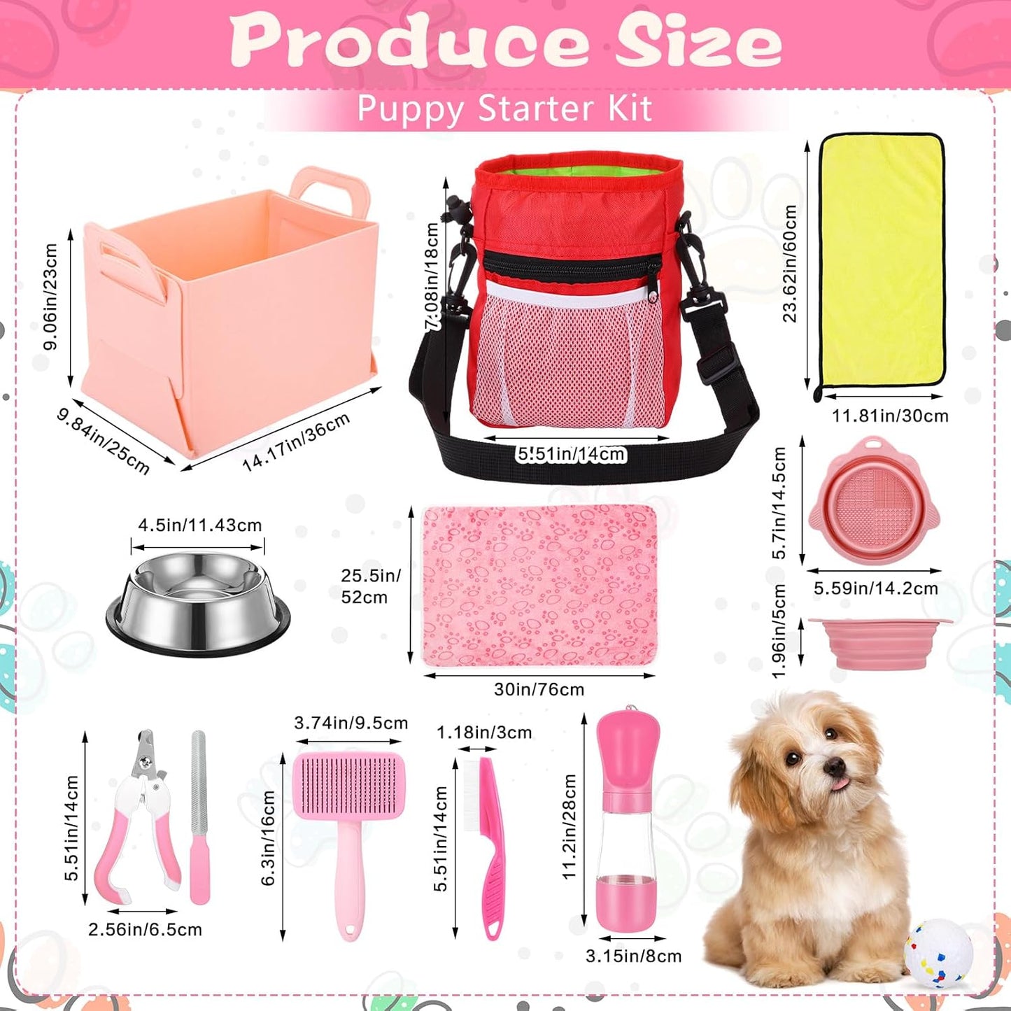 65 Pcs Puppy Supplies Starter Kit Small Dog Essentials Includes Dog Leash, Toys, Bowl, Brushes, Water Bottles, pet Blankets Puppy Accessories for New Welcome Gift Supplies(Cute,Pink) - Pet Explorer