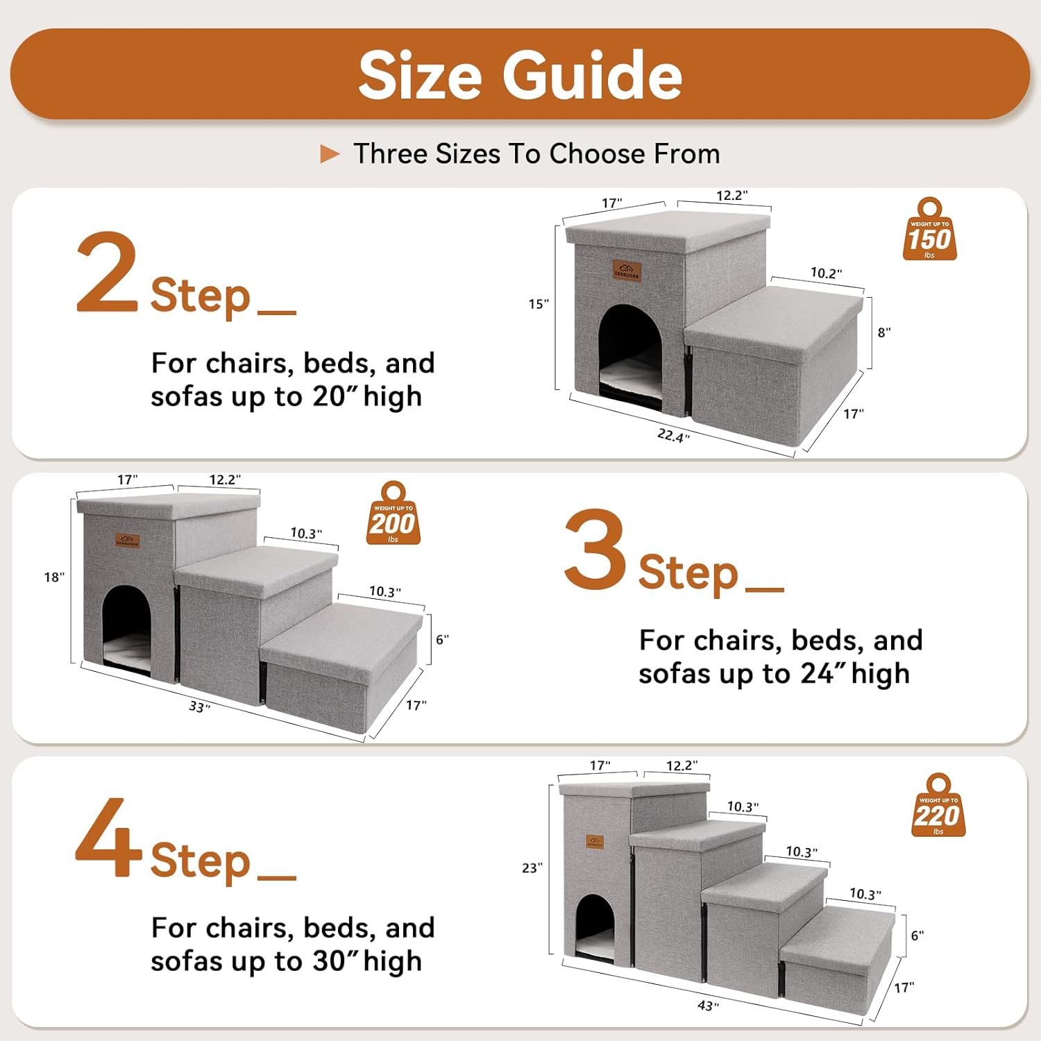 Dog Stairs 18" H, 3-Step Wider Dog Steps for High Beds Couch, Folding Storage Pet Stairs Gift for Small/Medium/Large Old Dogs Cats, Ramp for Climbing Car Up to 200 lbs, (Gray, with Condo) - Pet Explorer