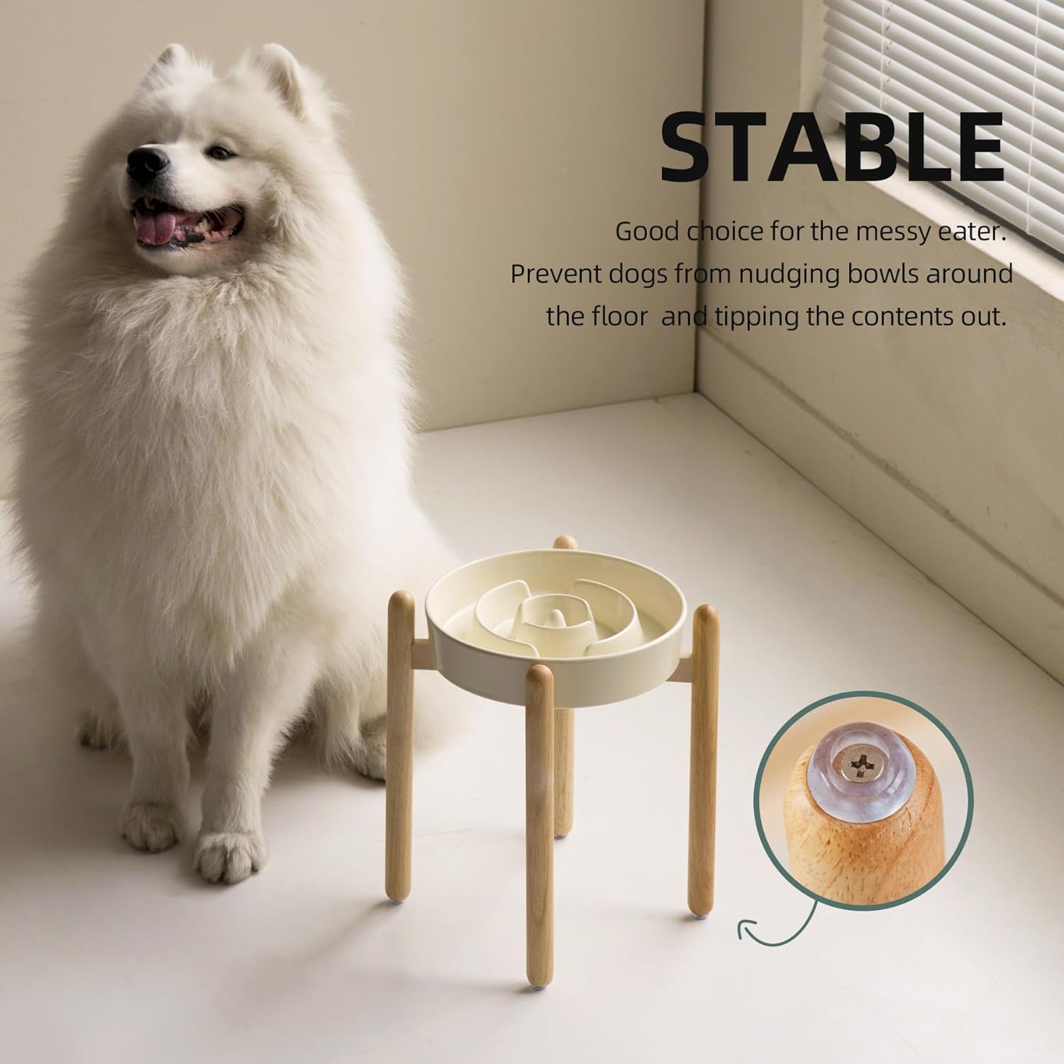9.5inch Ceramic Raised Slow Feeder Dog Bowl Set, Elevated Bowl with Wooden Stand for Large Dog, Puzzle Slow Pet Food Dish, Anti-Gulping(Beige, Single Bowl+ Stand) - Pet Explorer