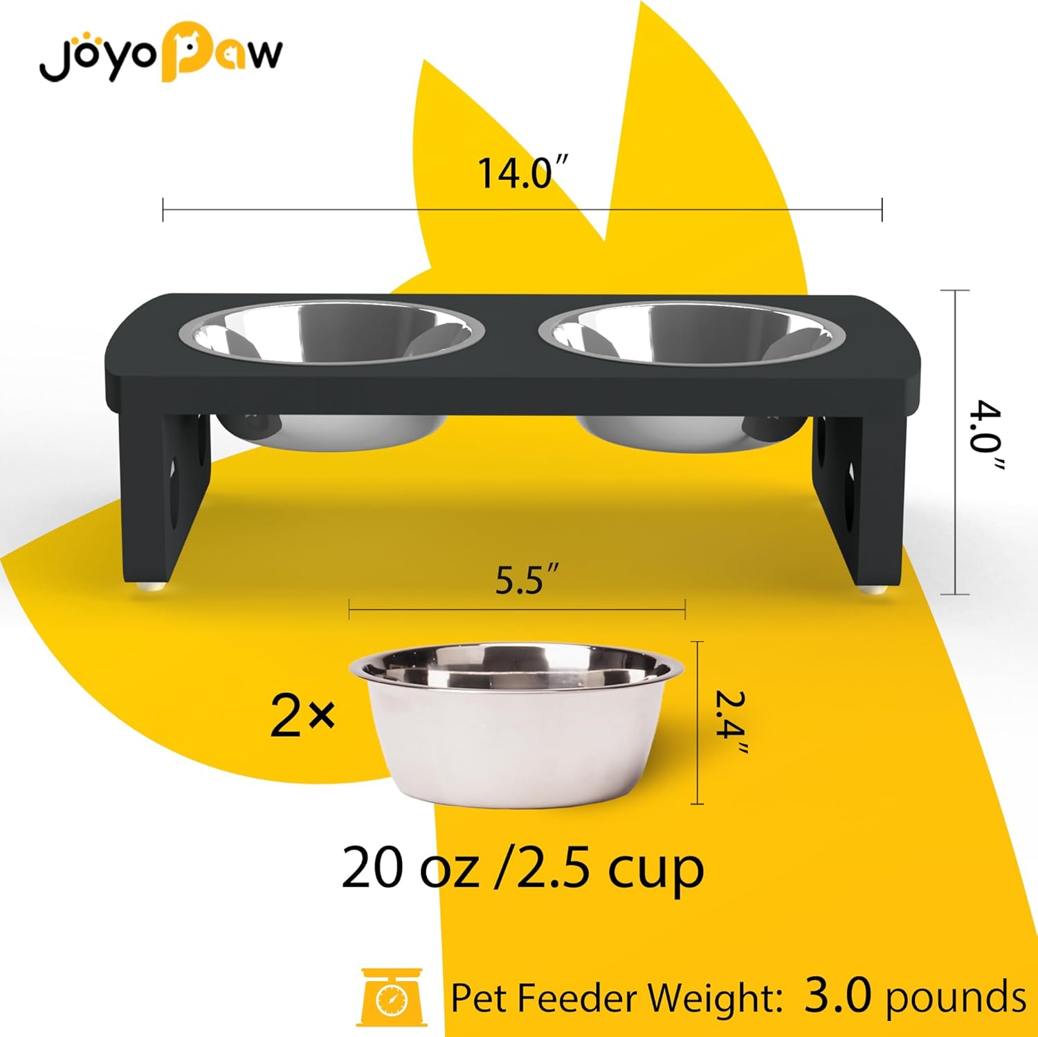 Elevated Dog Bowls, Bamboo Raised Dog Bowl for Small Dogs & Cats, with 2 Stainless Steel Bowls (4'' Tall-20oz Bowl, Black) - Pet Explorer