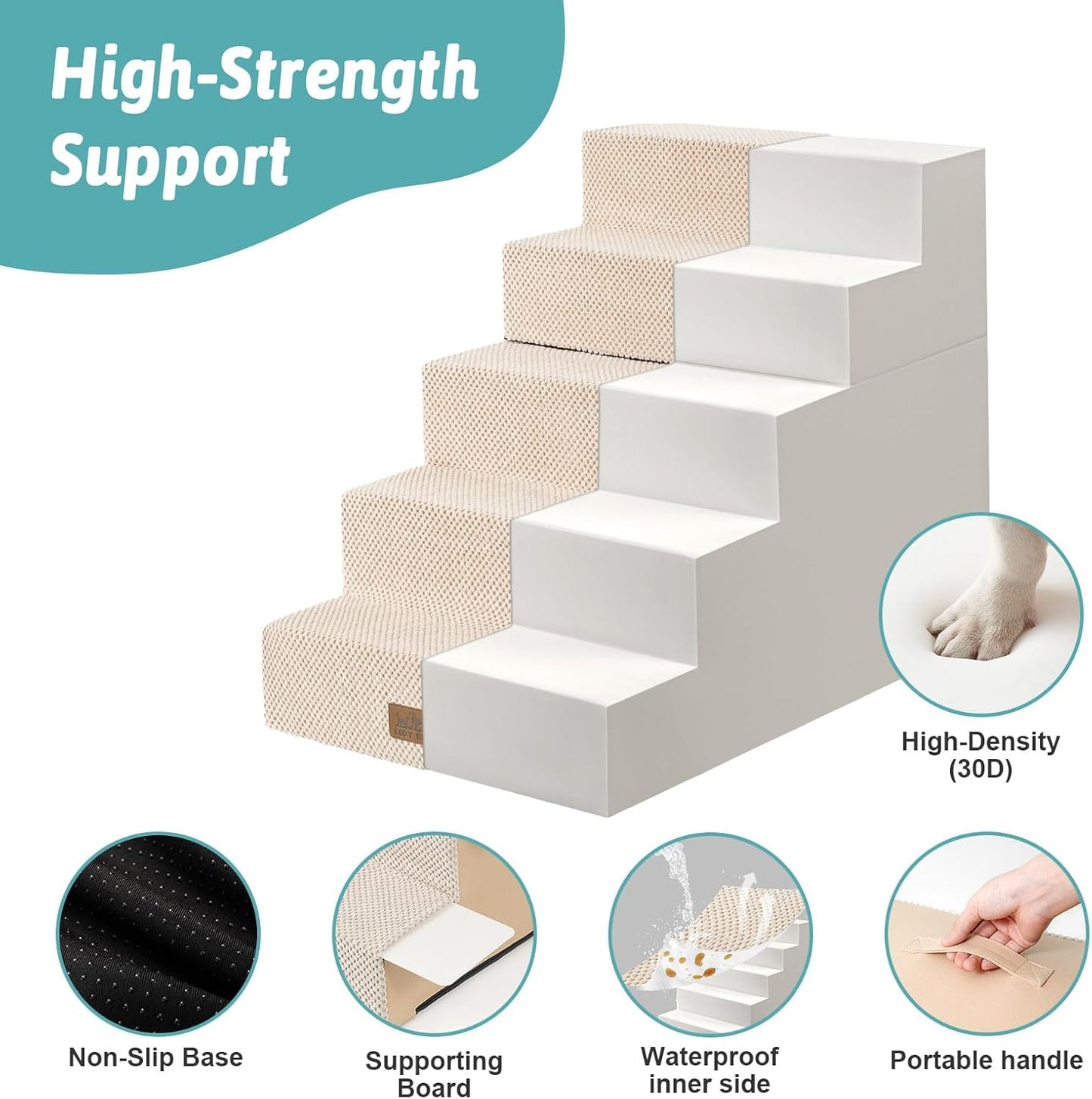 Dog Stairs for Small Dogs, 5 Tier Removable Wider Pet Stairs for Couch and Bed, 23.6" H Non-Slip Dog Steps for Puppies and Old Cats with Support Board, 29.5x19.7x23.6 inch, Beige - Pet Explorer