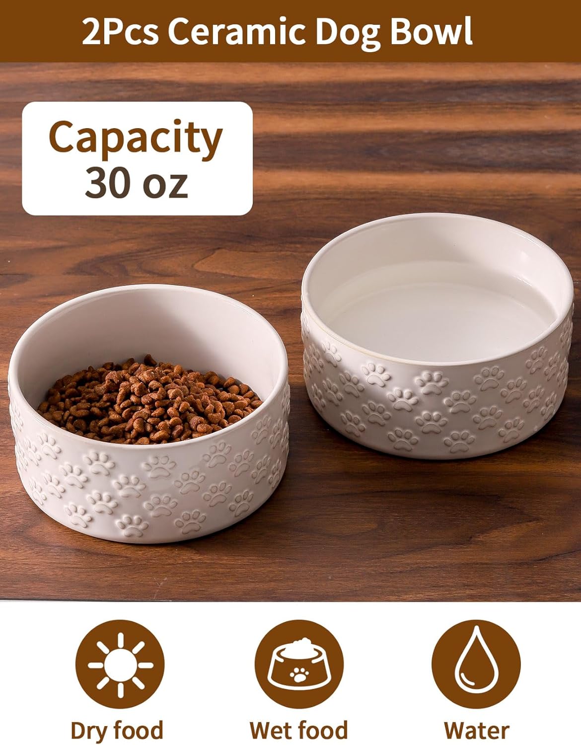 UBEE Ceramic Dog Food Bowl Set of 2, 6.1 inch Dog Dish Bowl with Paw Pattern, Pet Food Water Dish Feeding for Small and Meidum Dogs and Large Cat, White - Pet Explorer