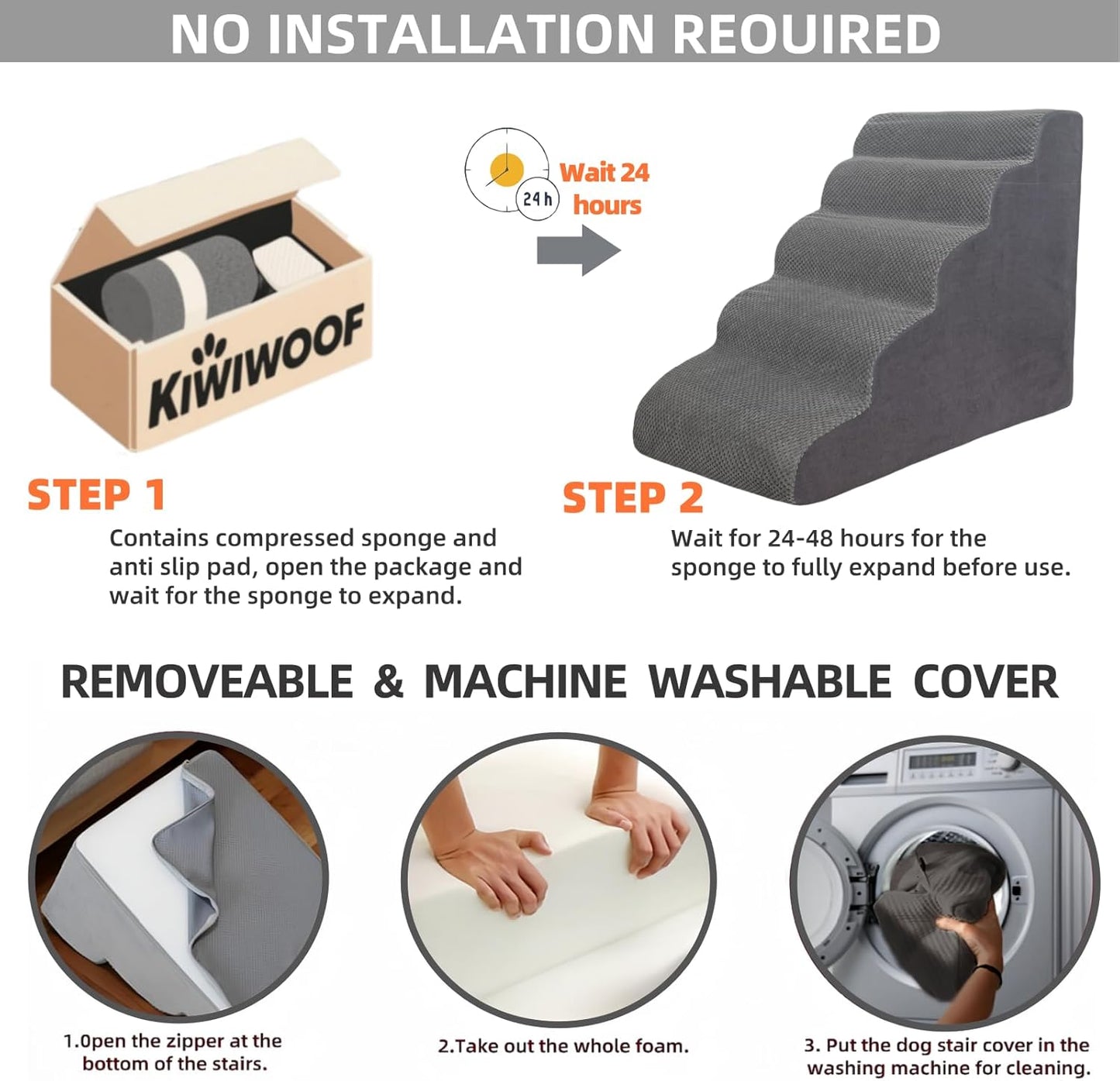 5 Step Pet Stairs Ramp for High Beds Sofas 5-30 Inch with Sturdy Non Slip Waterproof Pads, Machine Washable Cover Indoor Balanced Design for Cats Dogs Small Medium Large XL Pets Grey (Grey, Large, 1) - Pet Explorer