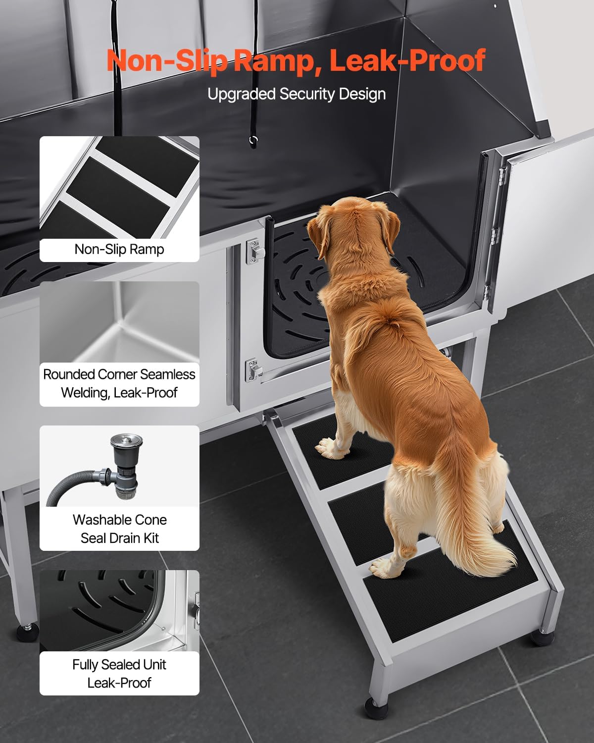 VEVOR Stainless Steel Dog Washing Station, Professional 62 inch Pet Grooming Tub w/Ramp, PE Water Filter Board, Faucet & Showerhead & Soap Holder Bathtub for Large & Medium & Small Pets (Right Door) - Pet Explorer
