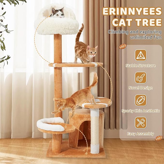 Erinnyees Cute Cat Tree for Indoor Cats Large Adult, 51" Multi-Level Tower with Condo & 12-Inch Plush Cat Bed, Football Shaped Platform, Space-Saving Cat Furniture for Apartments, Easy to Assembly