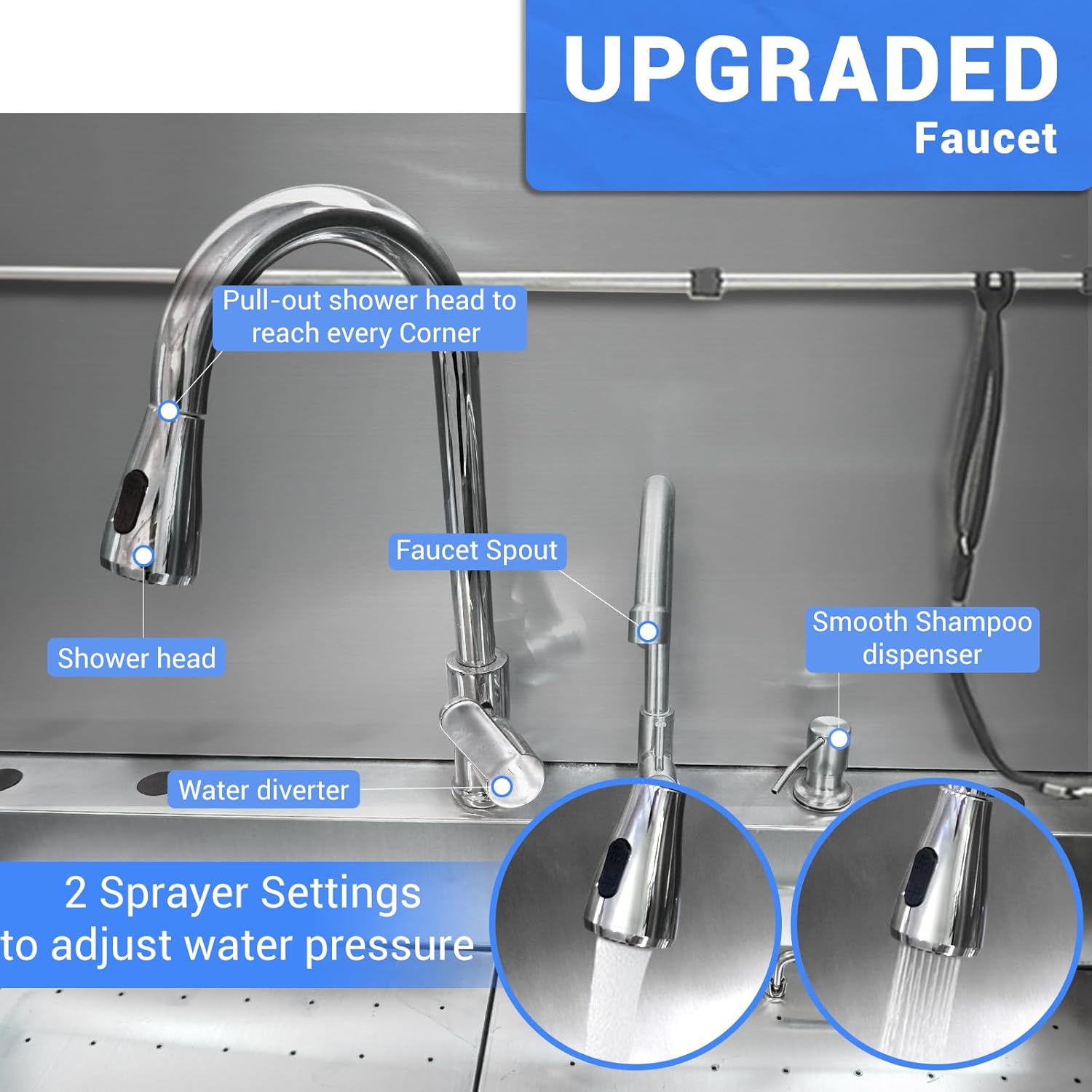 Professional Dog Grooming Tub, 62" Stainless Steel Dog Wash Station with Foldable Ramp, Storage Drawer, Floor Grate & Faucet/Dog Bathtub for Large, Medium & Small Pets - Left Door (62") - Pet Explorer