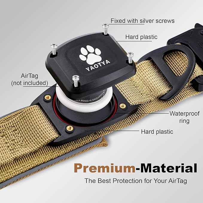 2026 Upgrade Dog Collar with IPX8 Waterproof AirTag Holder,Military Tactical Comfortable Control Handle and Ultra-Durable Metal Buckle/Night Reflective,GPS Collar for Medium to Large Dog（Khaki/L）