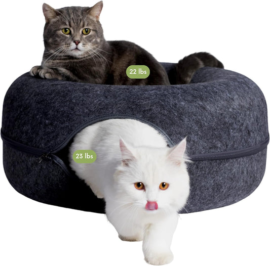 CATTASAURUS Peekaboo Cat Cave for Multiple & Large Cats Up to 30-45 Lbs, Scratch Detachable & Washable Tunnel Bed, Comfy Donut Cat Cave (Dark Gray, Large) - Pet Explorer