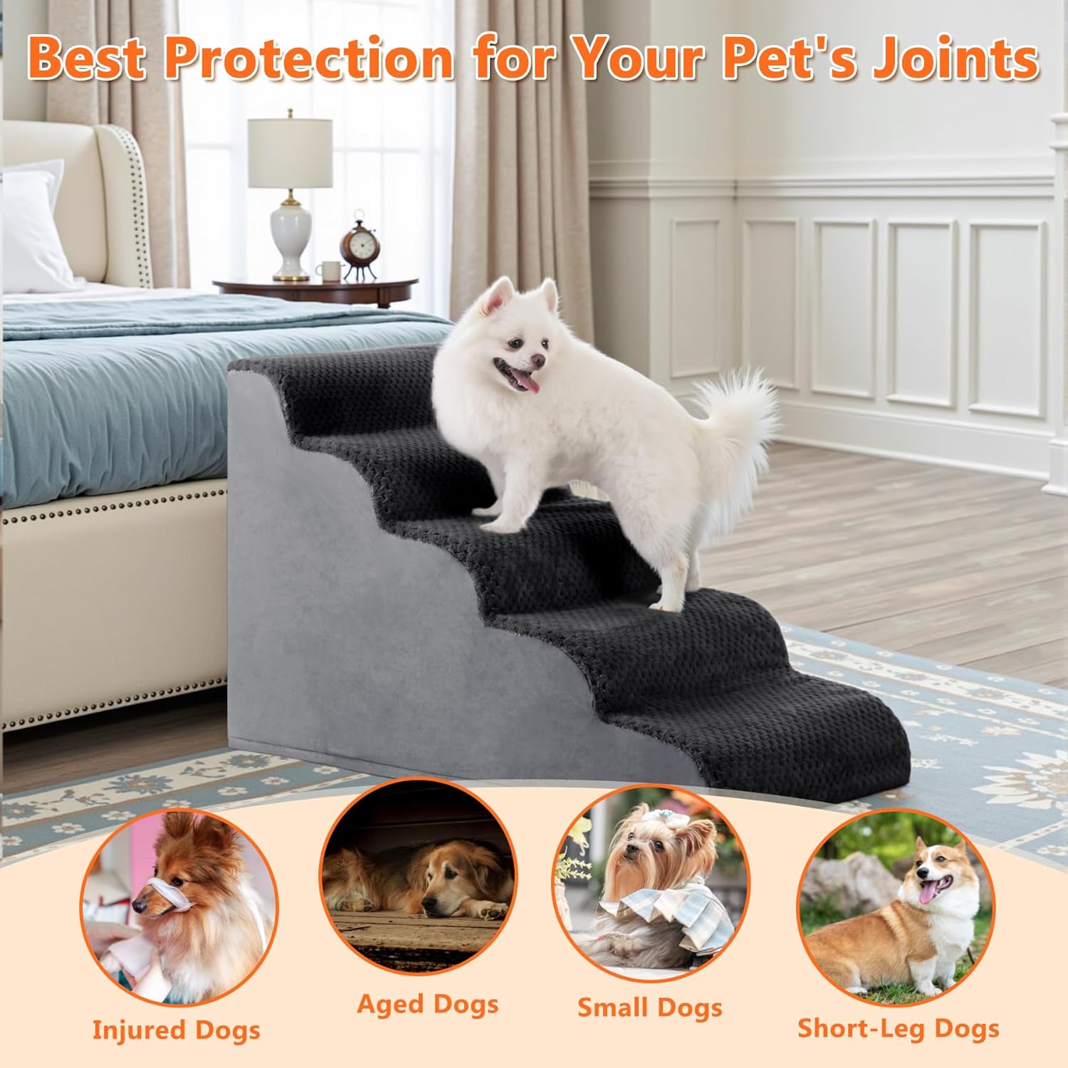 MIHIKK Dog Stairs Ramp, Curved 5-Step Dog Steps for Small Dogs and Cats, Pet Stairs for High Beds and Couch with Anti-Slip Washable Cover and Durable High Density Foam, Dark Grey - Pet Explorer