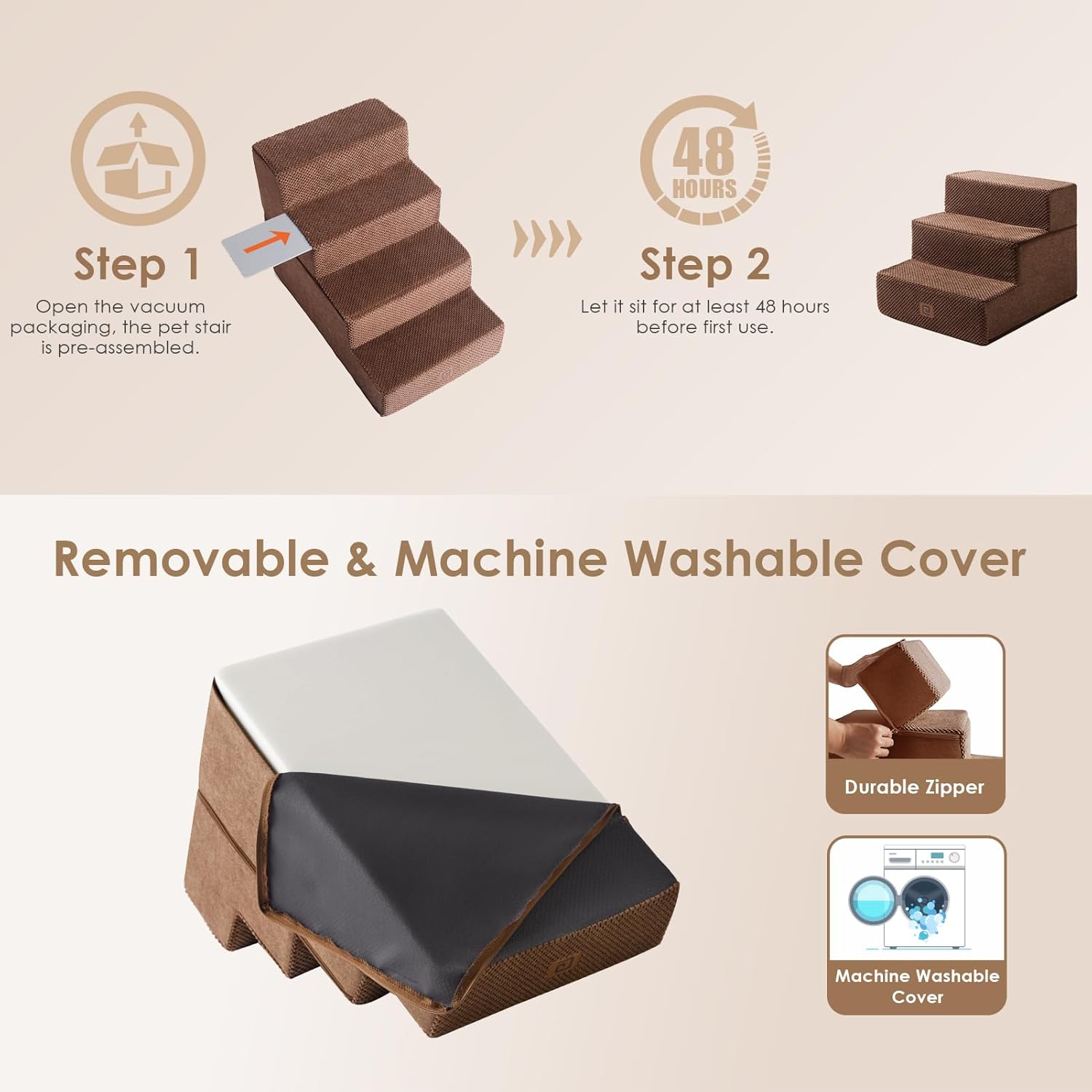 EHEYCIGA Dog Stairs for Small Dogs 13.5" H, 3-Step Dog Steps for Couch Sofa and Chair, Pet Steps for Medium Cats, Non-Slip Balanced Pet Ramp Indoor, Brown - Pet Explorer