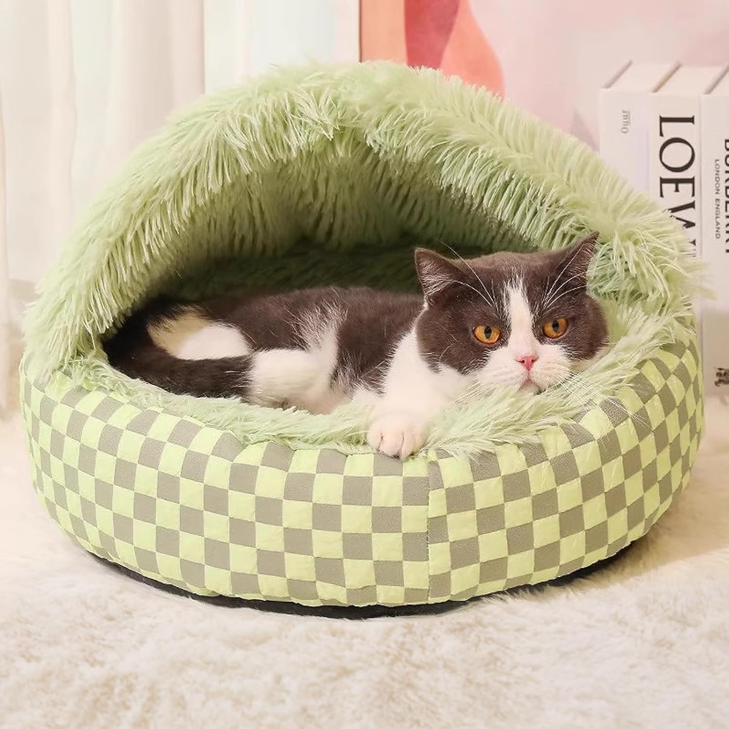 Cat Bed Hooded Plush Nest with Self-Warming Cozy Cave, Calming Anti-Anxiety Pet Bed for Indoor Cats & Small Dogs, Removable Washable Cover & Waterproof Bottom - Green - Pet Explorer