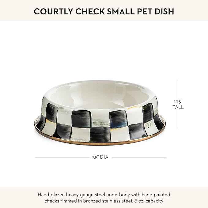MACKENZIE-CHILDS Pet Bowl, Cute Cat and Dog Bowl for Food and Water, Black-and-White Courtly Check, Small