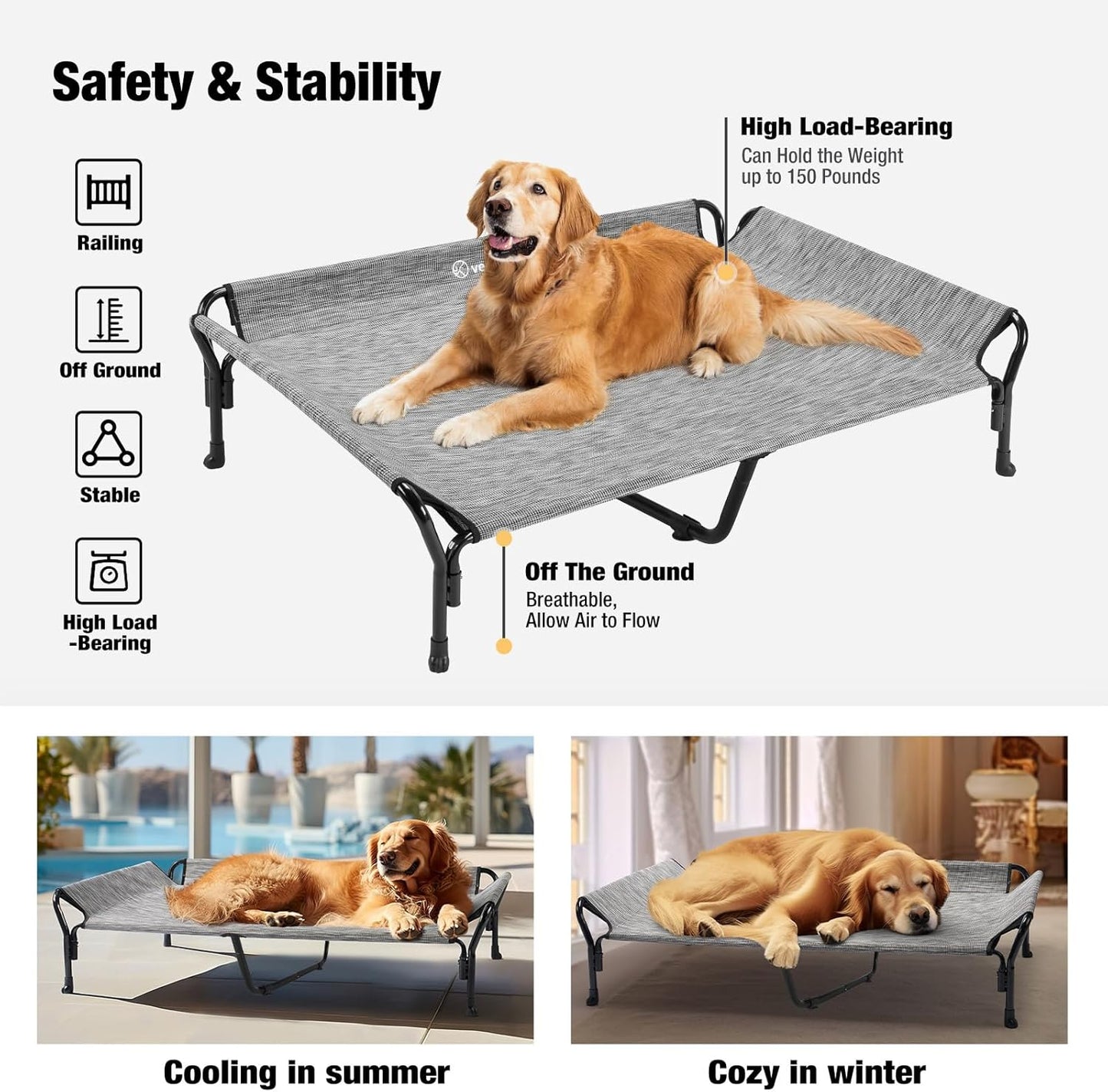 Veehoo Cooling Elevated Dog Bed, XL Raised Pet Cot with Guardrail & Slope Headrest, Durable Breathable Teslin Mesh, Non-Slip Feet, Washable Dog Couch Bed for Indoor & Outdoor, X Large, Black Silver - Pet Explorer