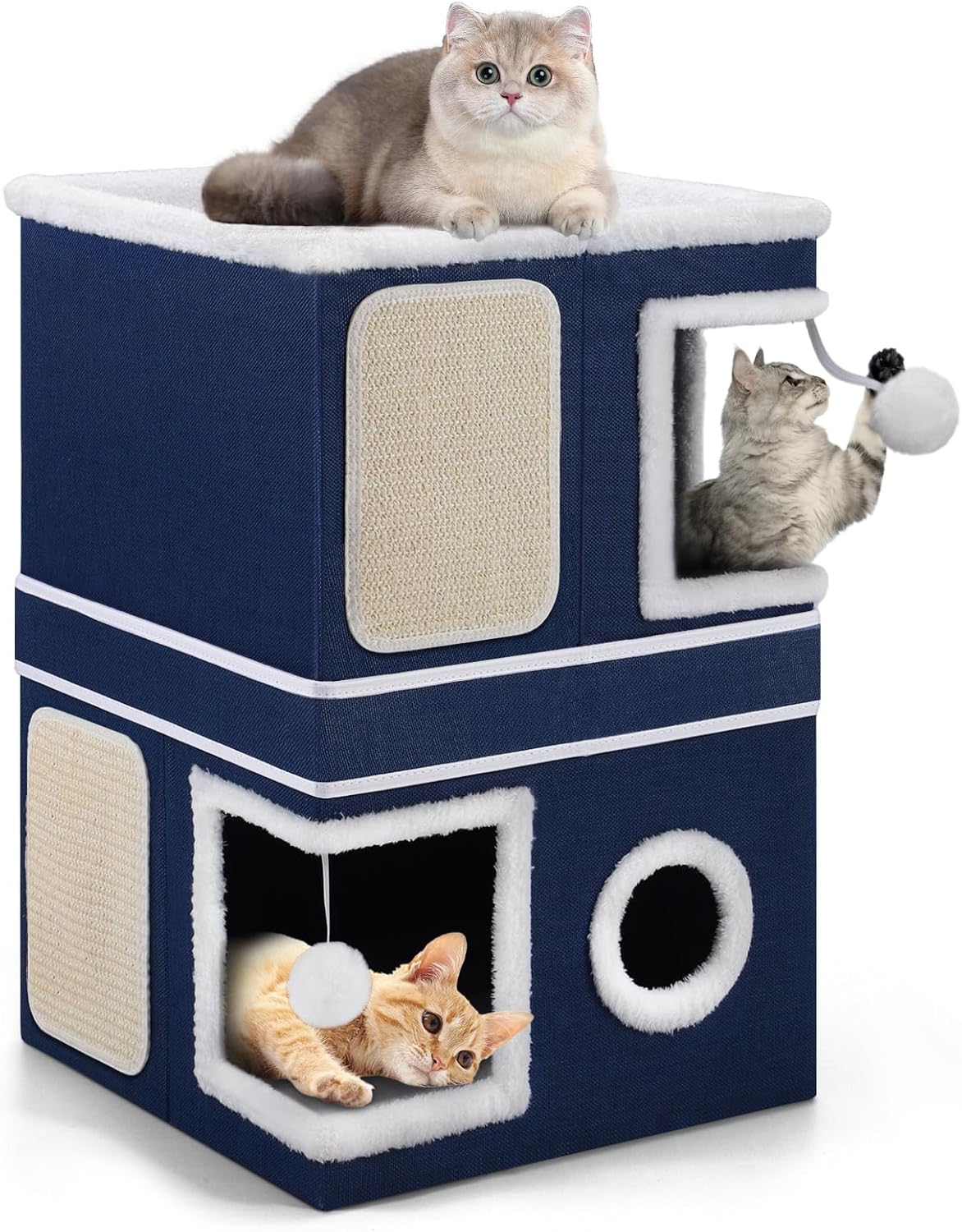 2-Storey Cat House for Indoor Cats, Large Double Cat Bed Cave with Hideaway Condos, Scratch Pads, Hanging Balls, Foldable Indoor Cat House Hold Up to 30LBS, Cat Cube for Multiple Cats Kitten, Blue - Pet Explorer
