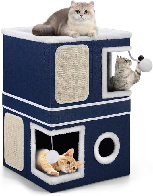 2-Storey Cat House for Indoor Cats, Large Double Cat Bed Cave with Hideaway Condos, Scratch Pads, Hanging Balls, Foldable Indoor Cat House Hold Up to 30LBS, Cat Cube for Multiple Cats Kitten, Blue - Pet Explorer