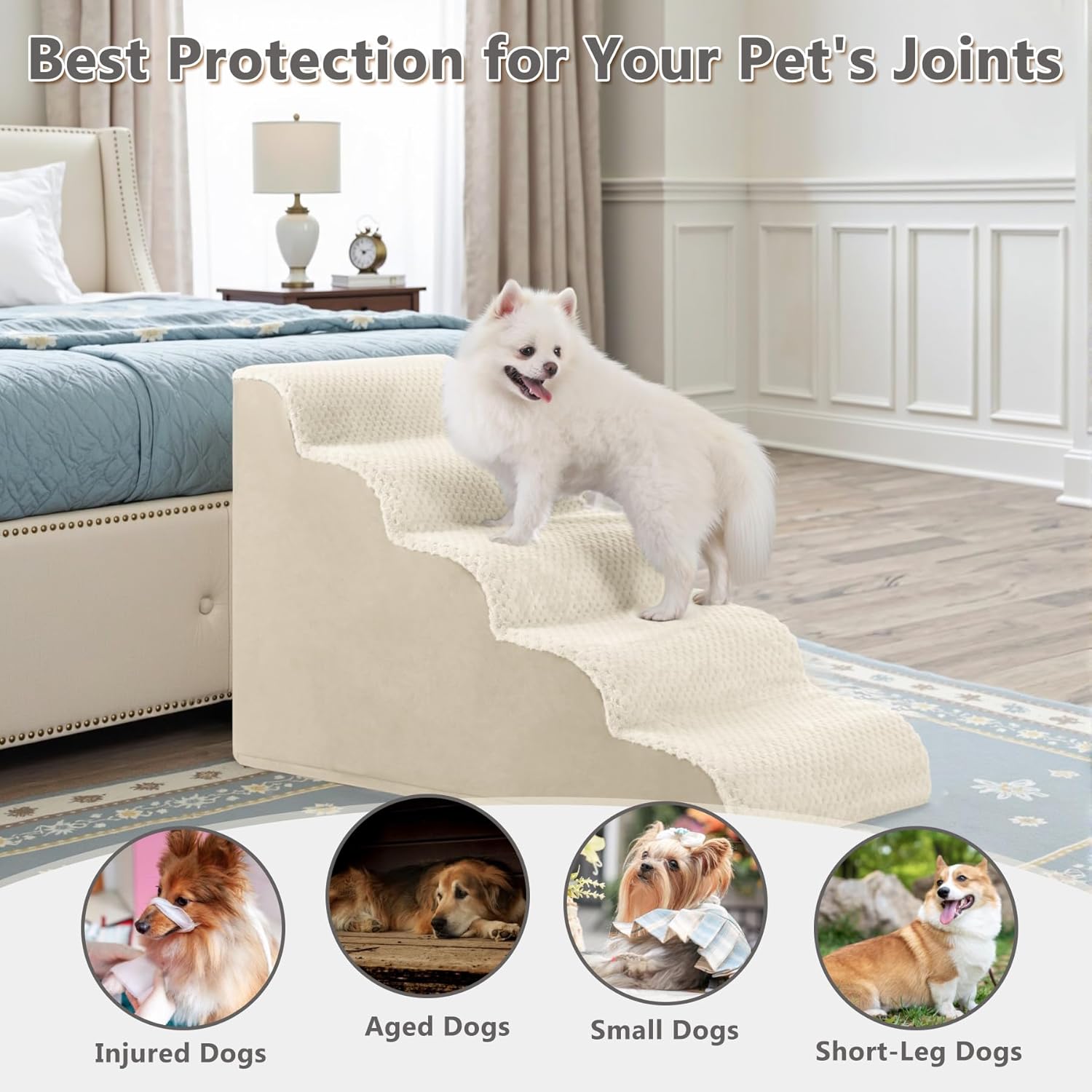 MIHIKK Dog Stairs Ramp, Curved 5-Step Dog Steps for Small Dogs and Cats, Pet Stairs for High Beds and Couch with Anti-Slip Washable Cover and Durable High Density Foam, Beige - Pet Explorer