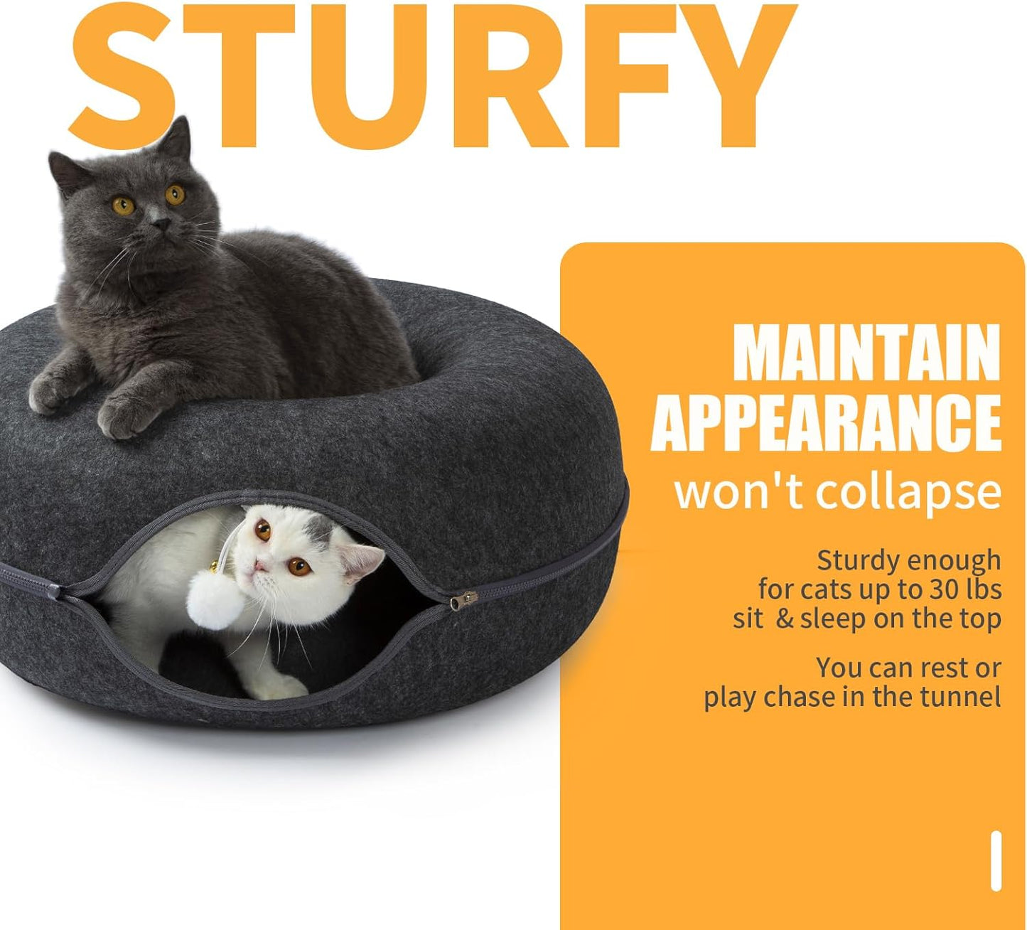 Jia Xi Indoor Cat Hideout Tunnel Bed - Donut Cat Condo and Cave - Dark Grey (20 in * 20 in * 8 in) - Pet Explorer