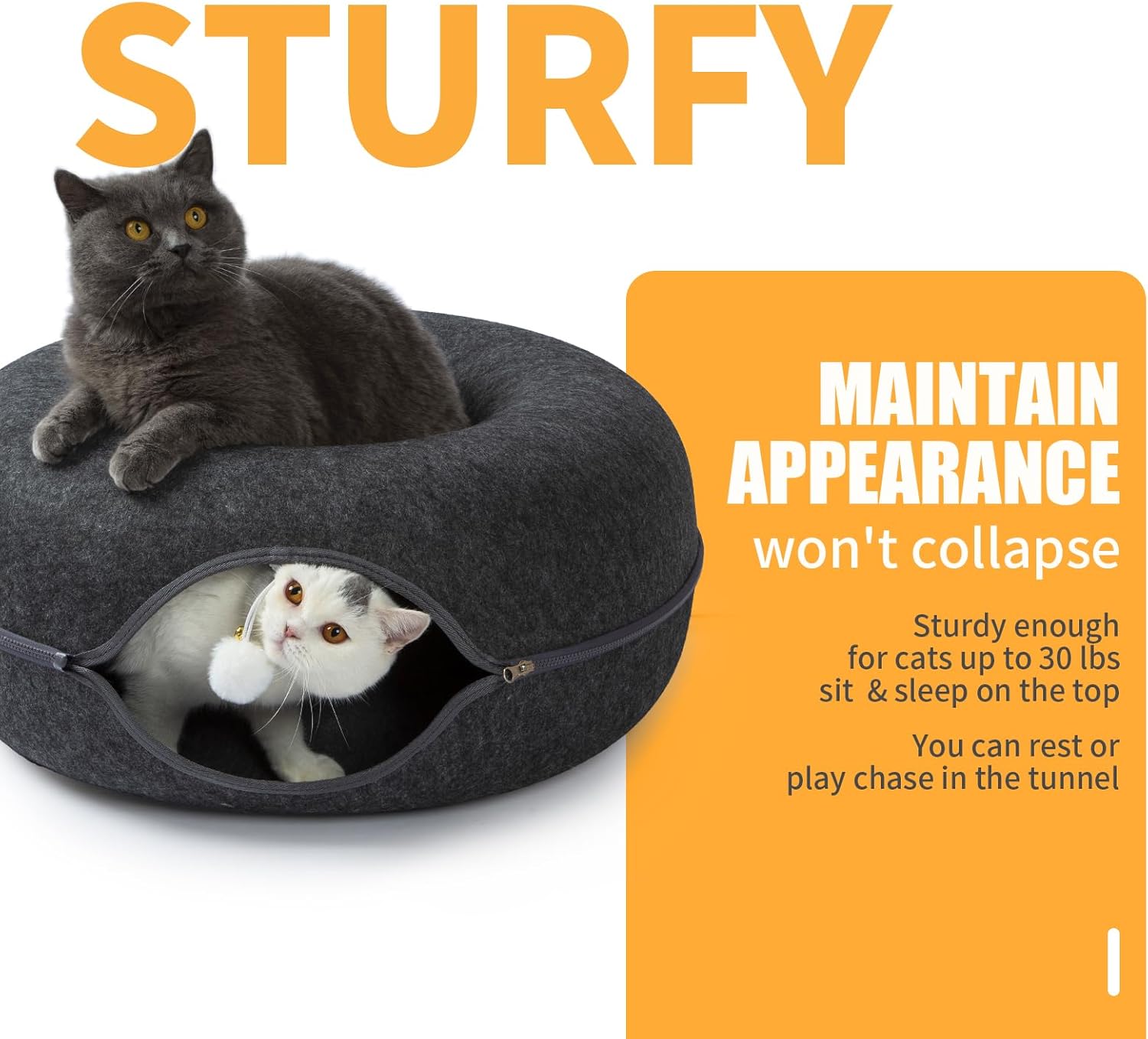 Jia Xi Indoor Cat Hideout Tunnel Bed - Donut Cat Condo and Cave - Dark Grey (20 in * 20 in * 8 in) - Pet Explorer